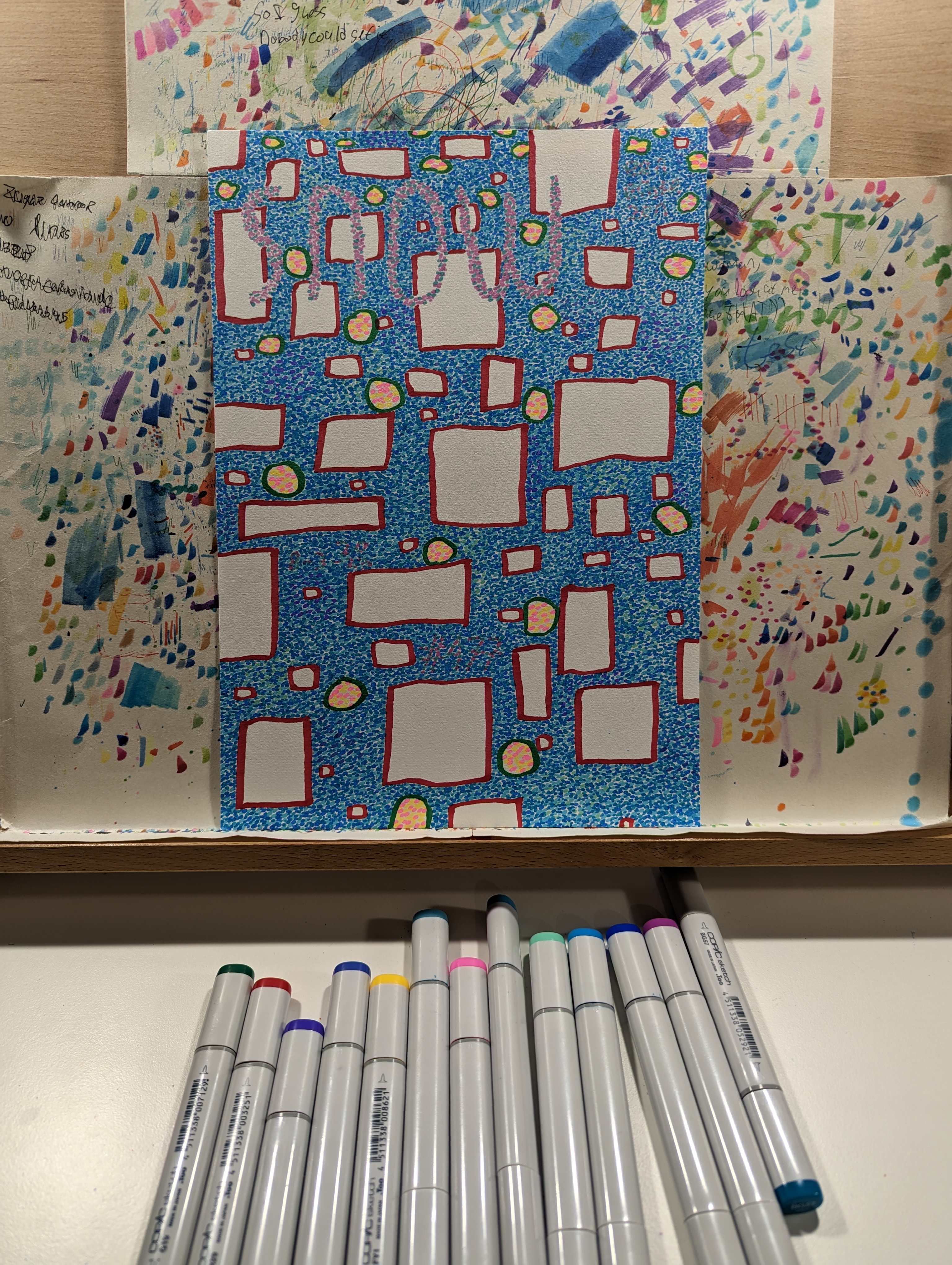 snow, abstract, geometric, blue, white, red, pink, yellow, markers, dotted pattern, squares, circles, artistic, creative