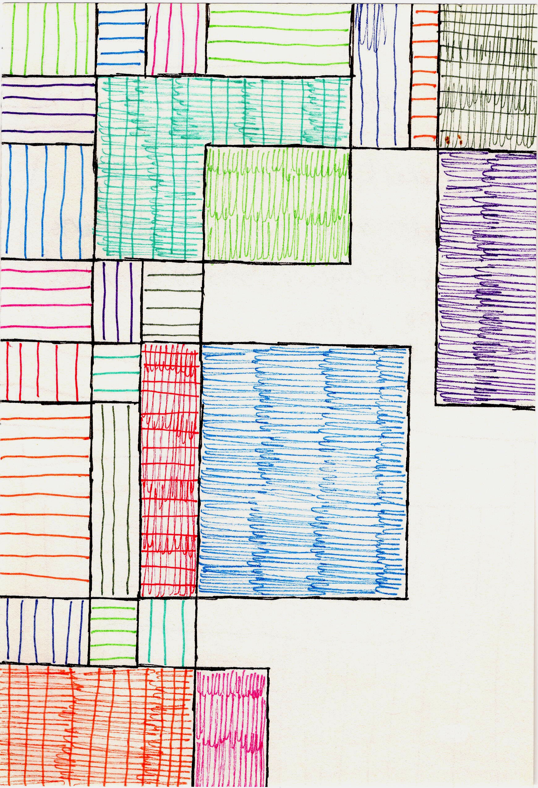 Geometric abstract art with colorful lines and patterns, suggesting a lightning experiment, fills the space with depth.