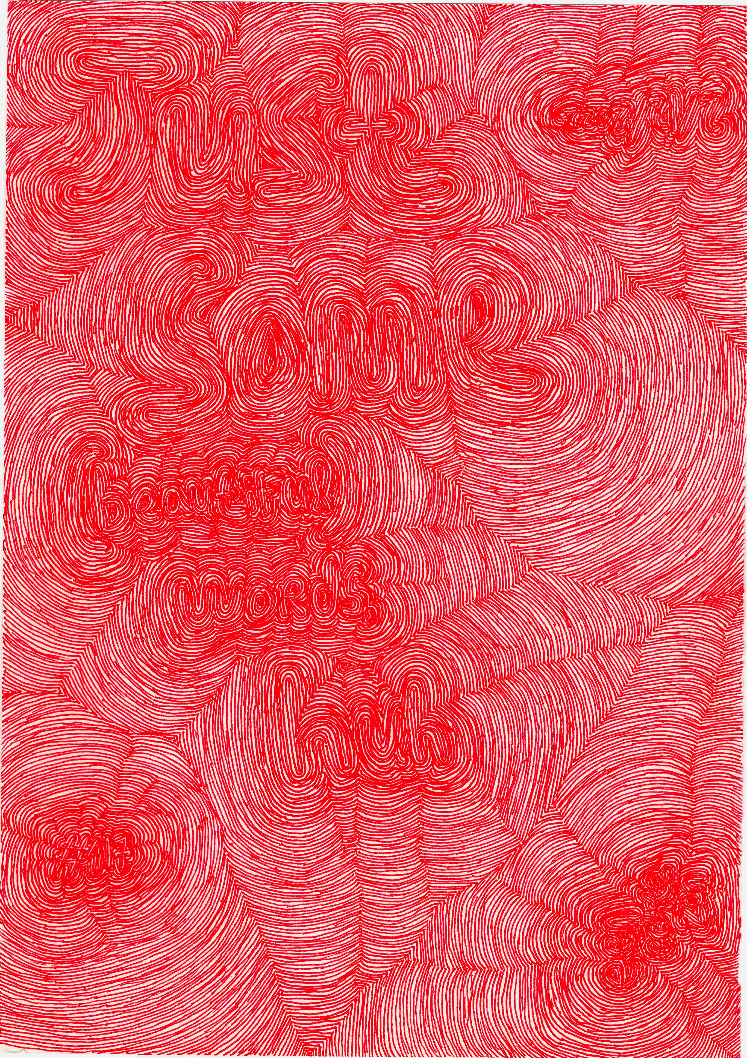 Abstract artwork composed of words, lines, and organic patterns in red, yellow, and blue, suggesting fragmented beauty.