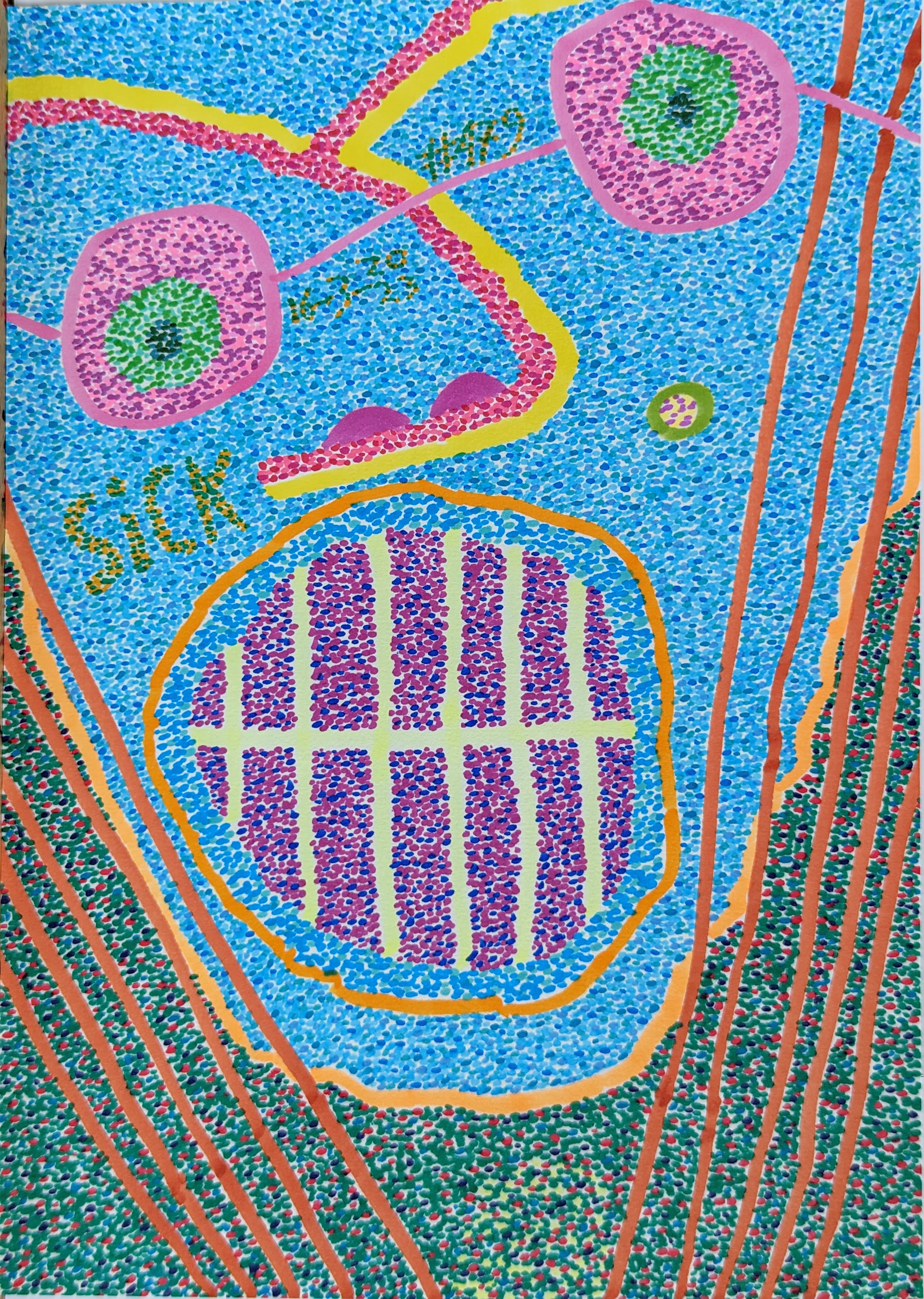 sick, abstract, dots, blue, pink, green, yellow, orange, lines, circular shapes, text