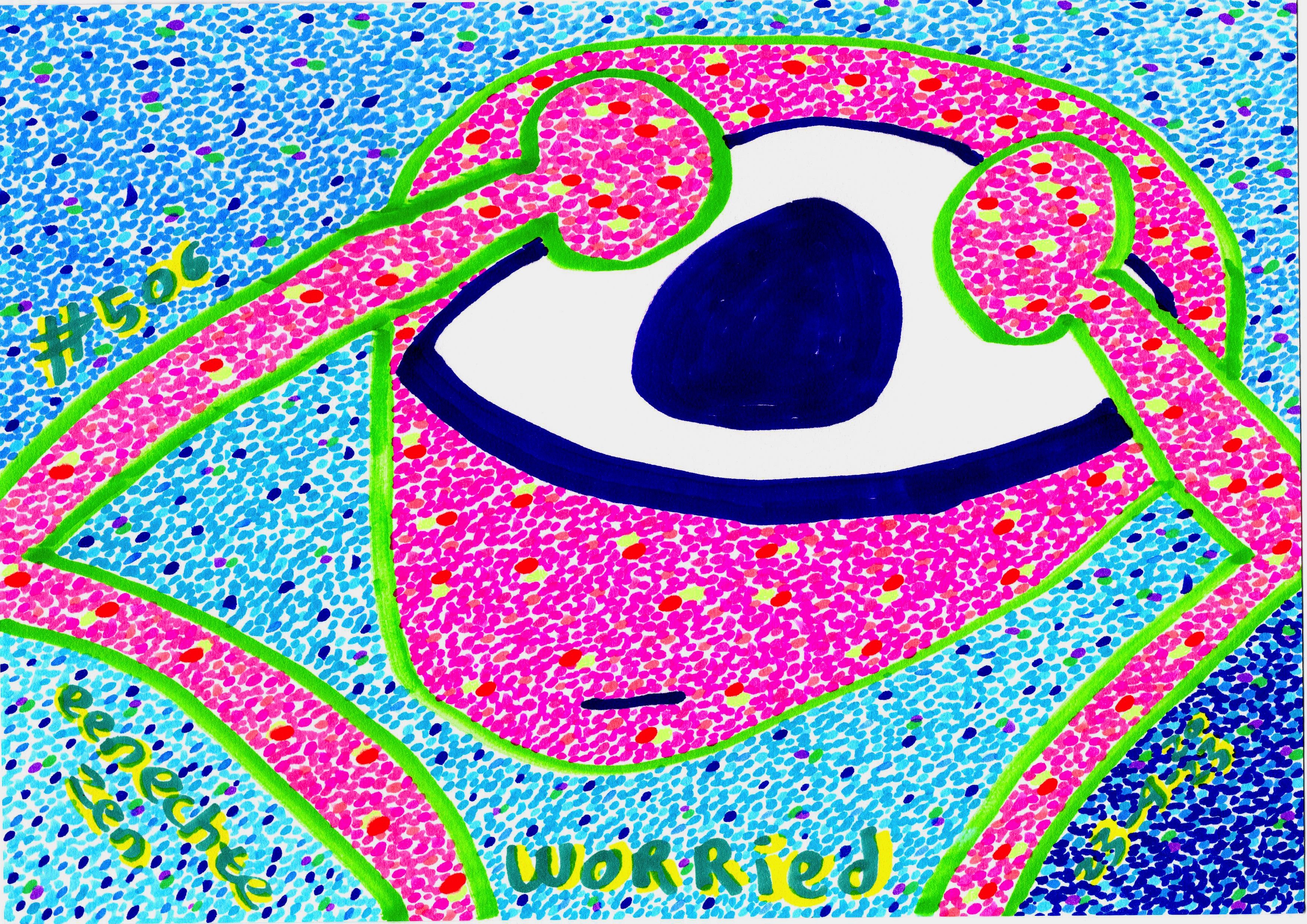 worried, anxiety, stress, concern, unease, emotional distress, mental state, abstract, figurative, expressive, vibrant colors, pink, blue, green, yellow, dots, pointillism, textured, bold outlines, #506, eennechen