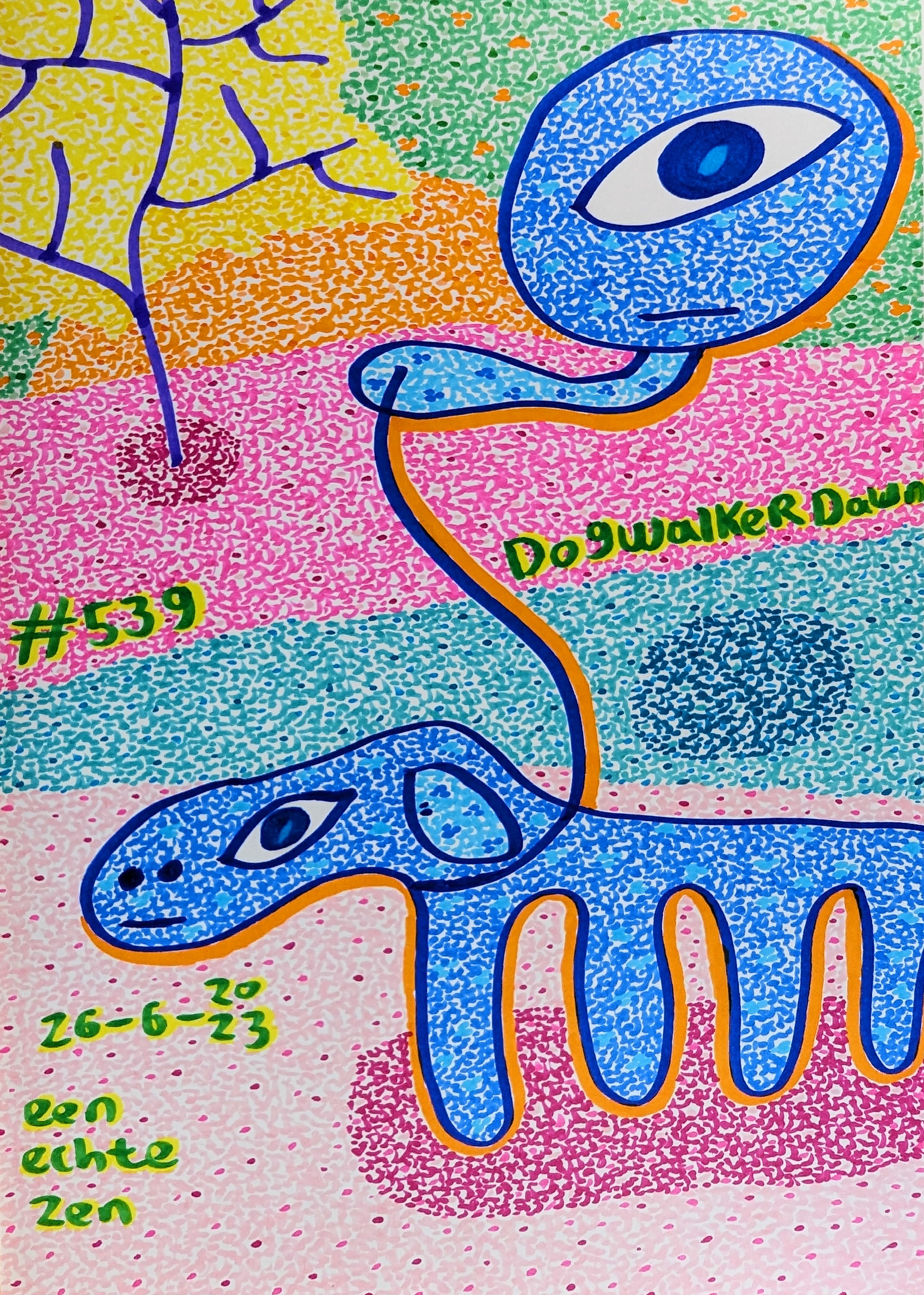 Dogwalker Dawn, Zen Dageraad, pre-dawn haze, surrealism, routine, face, blue, leash, dog, tranquility, pink, green-blue path, orange dots, rising dawn, tree, purple trunk, yellow leaves, early morning, visual poem, abstract, contemplation, peaceful, vibrant, intricate, ordinary scene, extraordinary way