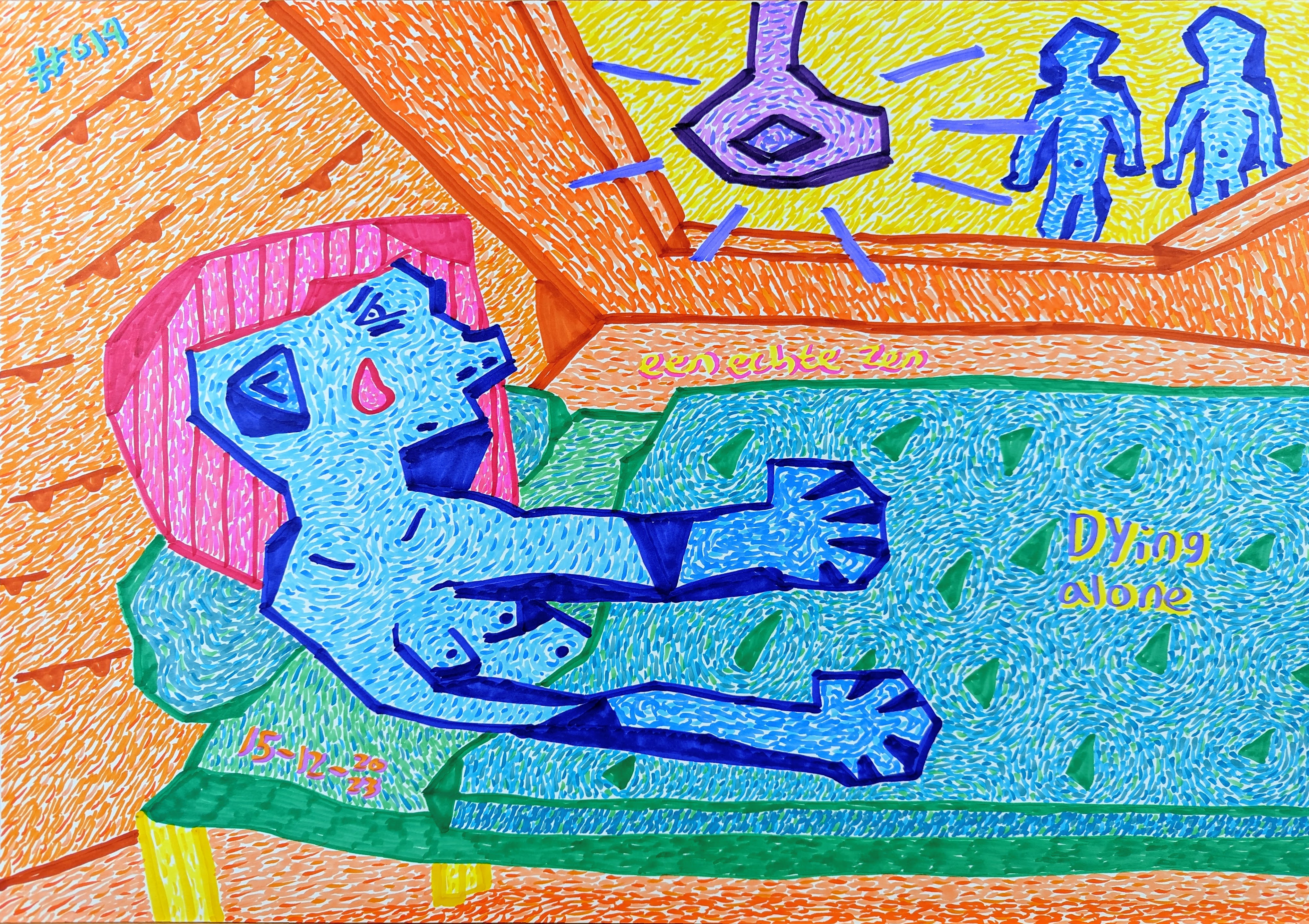 Dying Alone, loneliness, isolation, family illness, terminal illness, estrangement, delusion, emotional provocation, fear of the future, regret, self-imposed solitude, introspection, melancholy, blue, orange, yellow, abstract figures, abstract shapes, patterned background, emotional art, personal reflection