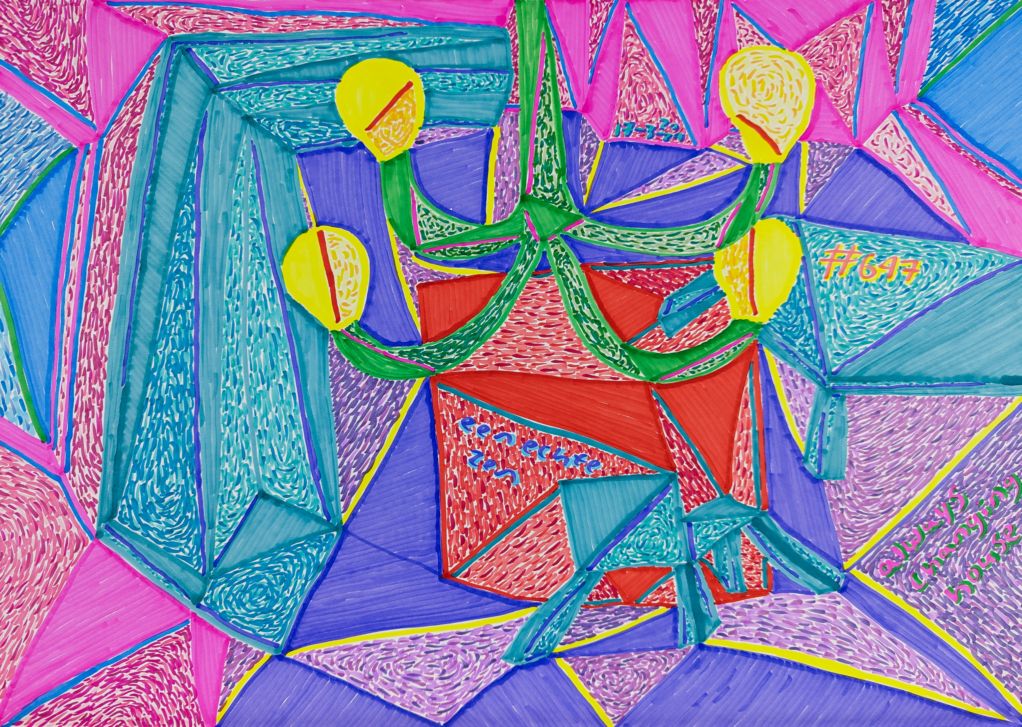 Geometric abstract art with pink, blue, green, yellow, and red patterns, depicting buildings, representing themes of memory, change, and home.
