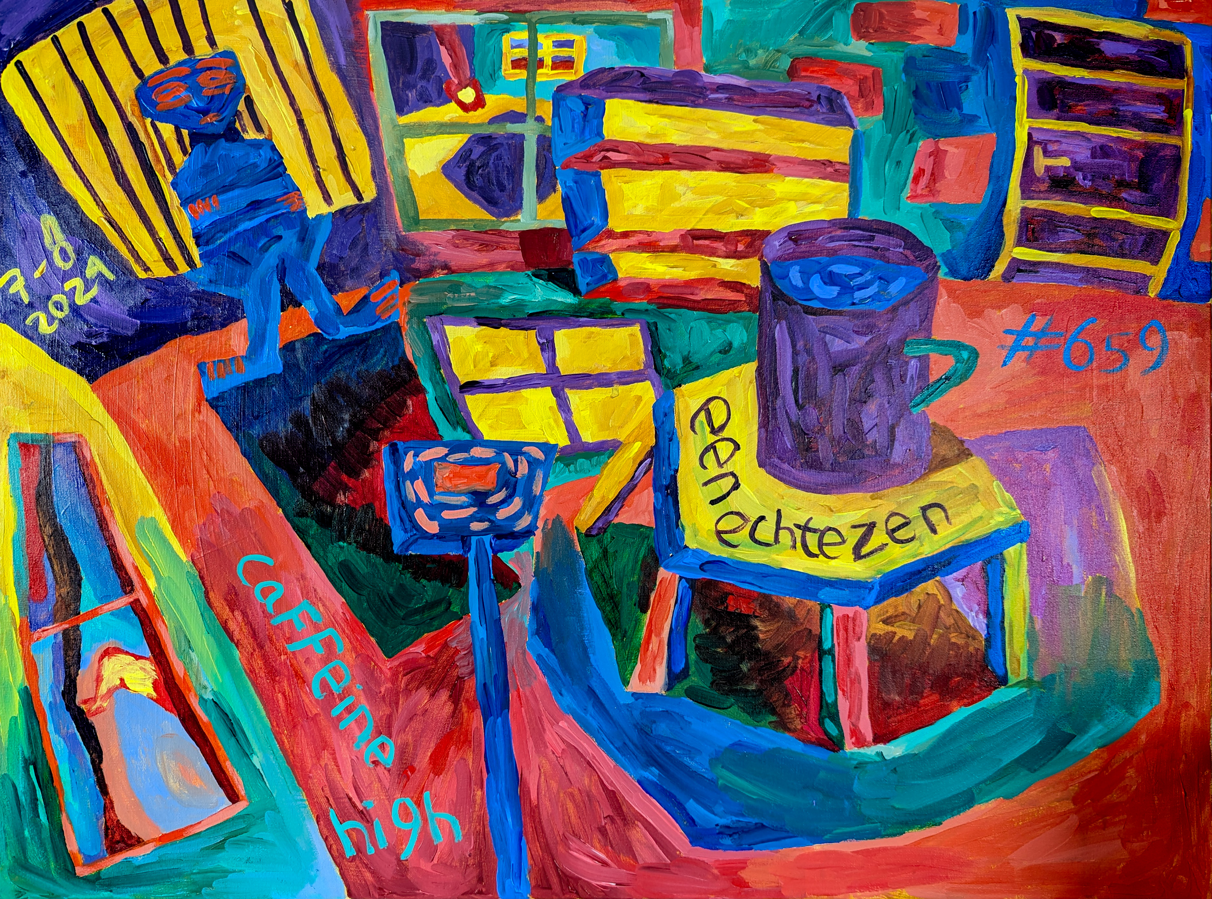 coffee, caffeine, high, on edge, room, coffee table, window, lamp, carpet, door, losing mind, daydream, surreal, abstract, bold colors, vibrant, blue, yellow, red, purple, green, expressive brushstrokes, figurative, narrative, psychological, introspection, anxiety, delusion, reality vs. imagination, minimal, lean, tableless room, 3-8 2021, #659