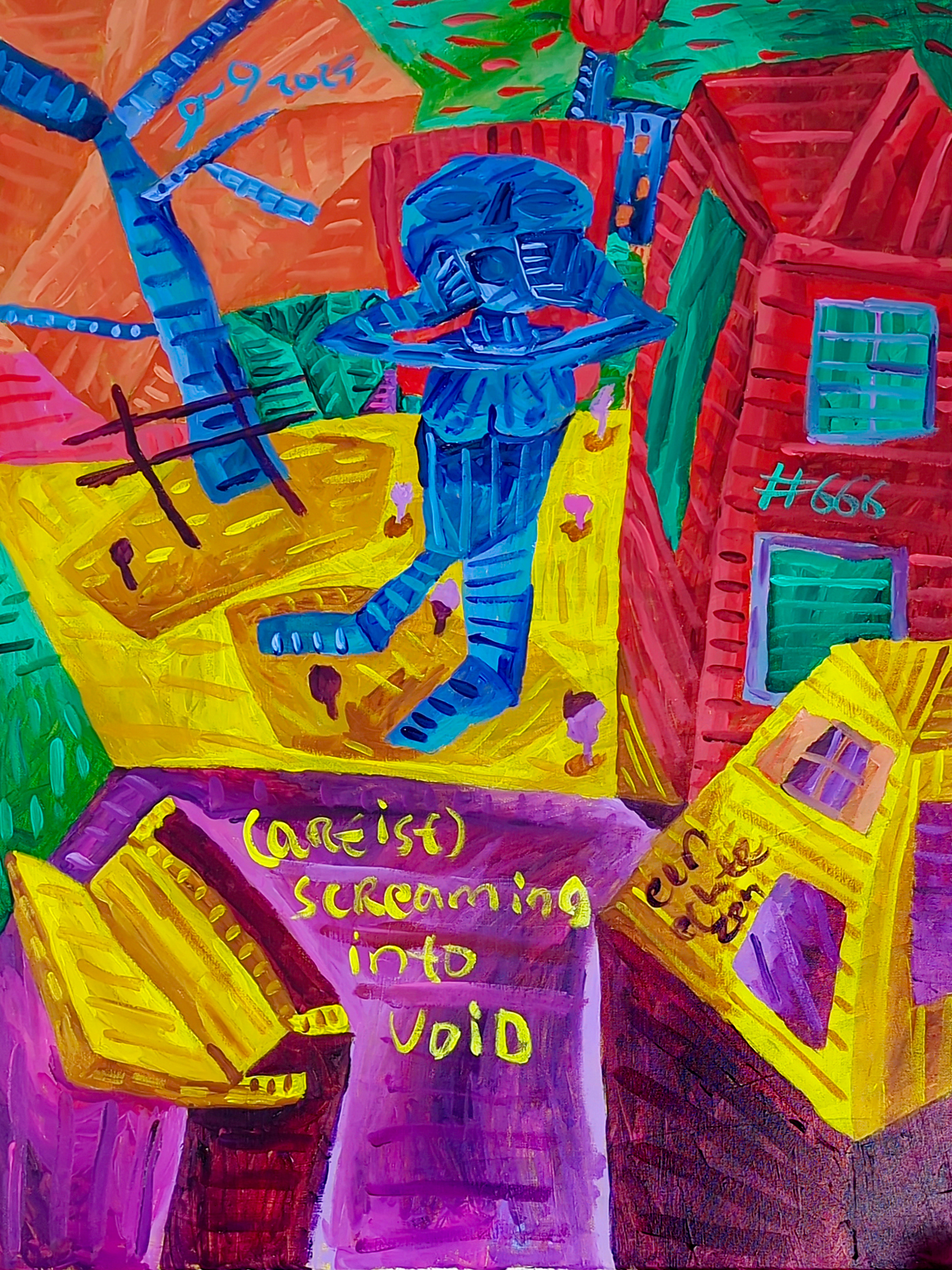 artist, screaming, void, cliche, unoriginal, pretentiousness, happiness, art, loneliness, expression, abstract, bold colors, expressive brushstrokes, surreal, figurative