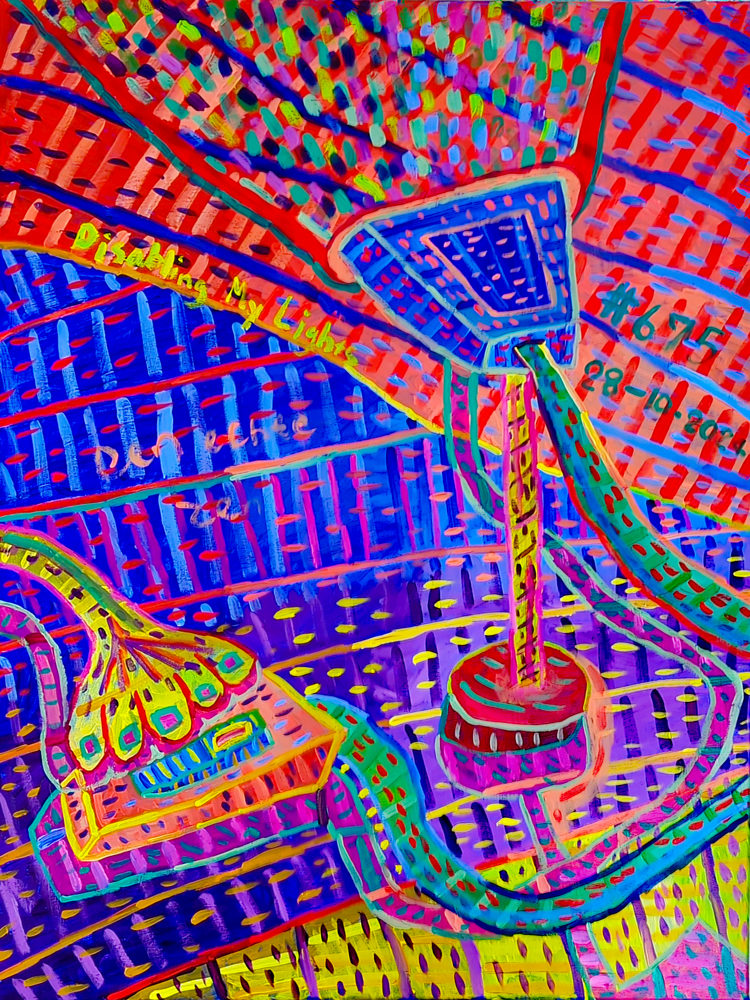 coffee, Philips Hue light bulbs, app control, manual light switch, fear of monsters, childhood fears, apartment, girlfriend, disabling lights, manipulation, ads, painting, observation, surprise, confusion, surrealism, vibrant colors, abstract patterns, geometric shapes, red, blue, yellow, green, pink, purple, orange