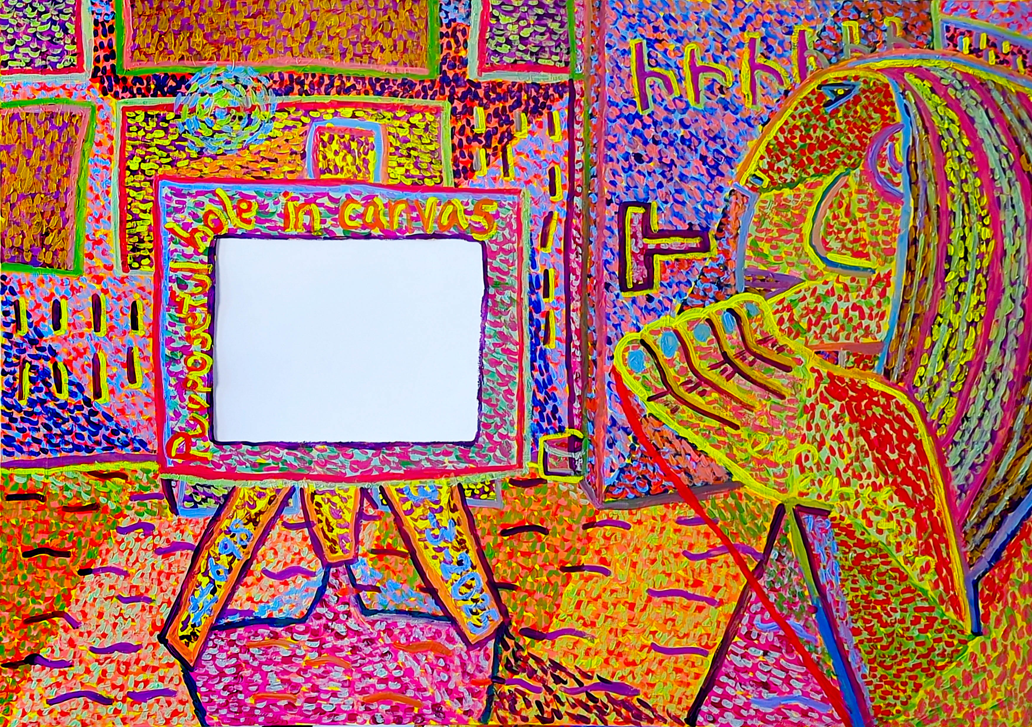 Purposeful, hole, canvas, second-hand, transformation, artistic statement, deliberate act, intention, re-use, vibrant colors, high contrast, saturated, pointillist, impasto, textured, patterned, mosaic, abstract shapes, folk art, naive art, expressionistic, decorative, bold, colorful, easel, frame, figure, head, face, understanding, will, value, recontextualization