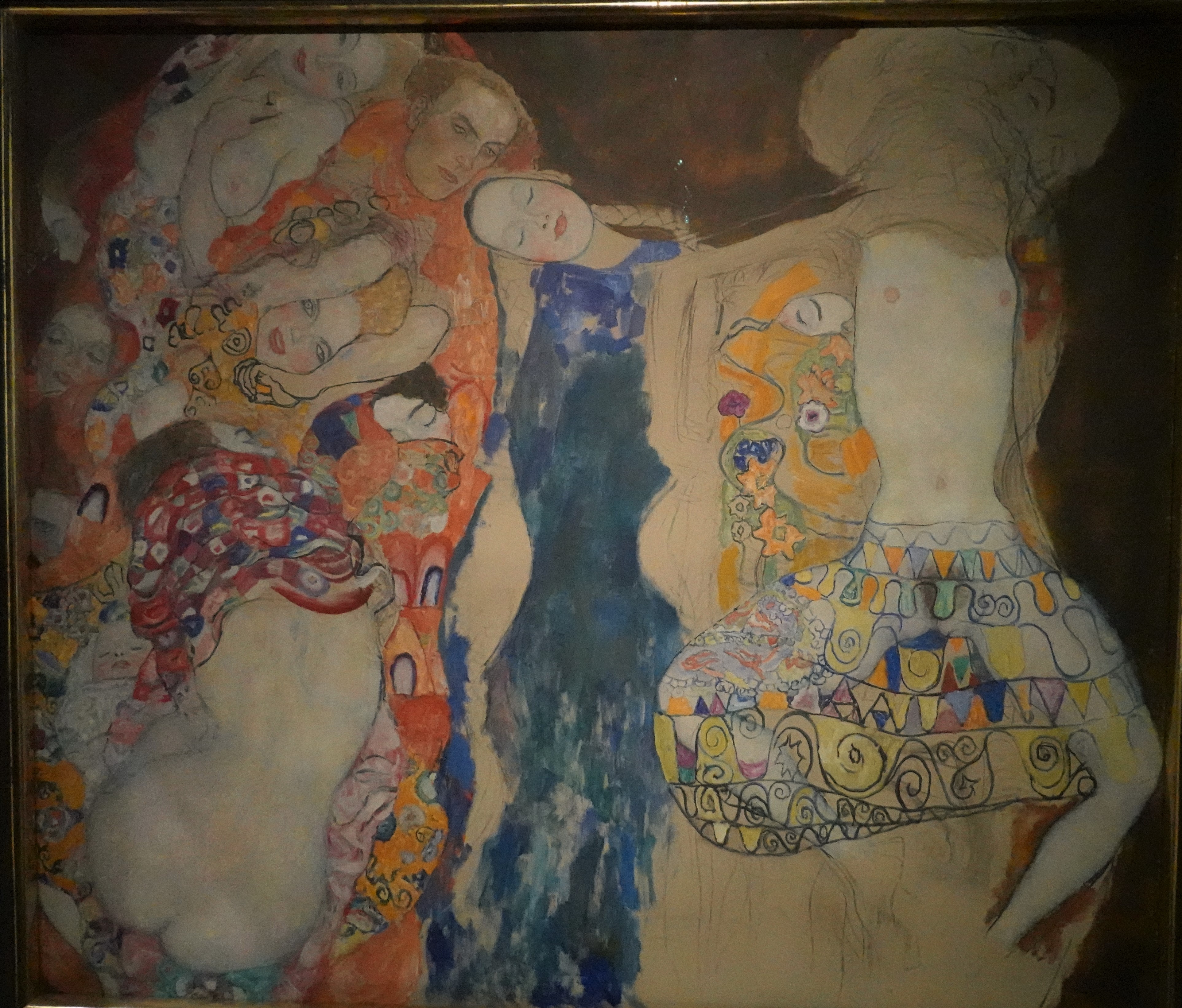 Gustav Klimt's 'The Bride' painting, featuring intertwined figures and decorative patterns, displayed at the Leopold Museum in Vienna.
