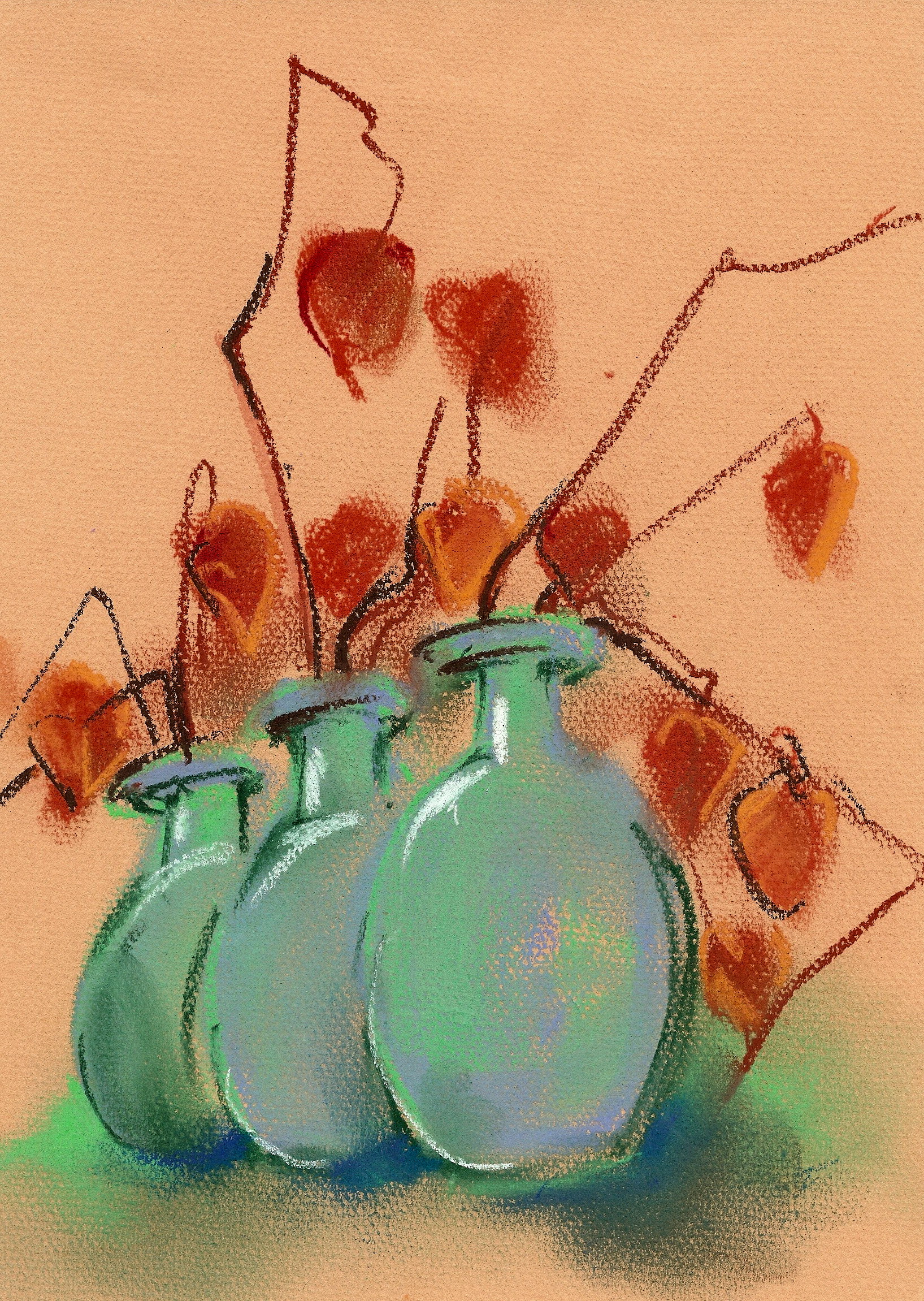 Pastel painting of three green vases holding physalis branches with orange lanterns.
