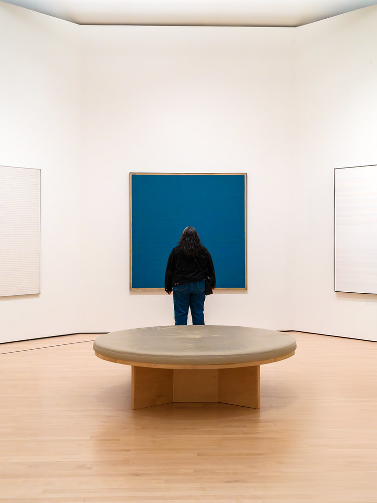 SFMOMA visitor engaging with minimalist blue panel artwork, fostering intellectual curiosity through modern art appreciation and interactive gallery experiences.