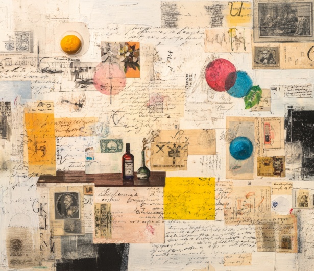 Abstracte mixed media collage die diverse creatieve technieken voor kunstonderzoek laat zien