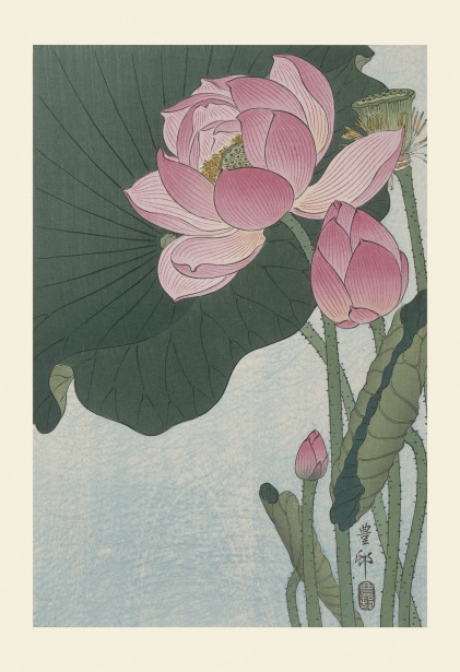 Vintage Japanese art print of pink lotus flowers and buds against a pale blue textured background, with a large green leaf dominating the left side.
