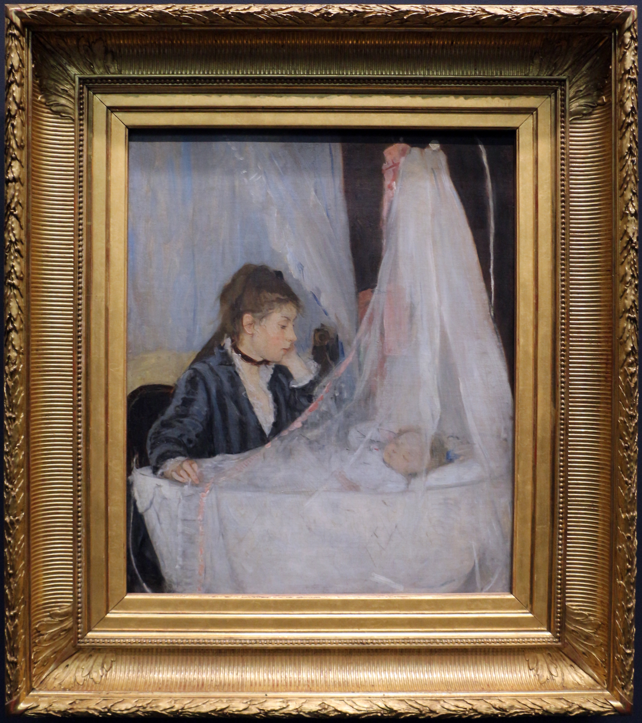 Berthe Morisot's 'La Culla' (The Cradle), 1872, depicting a woman gazing at a baby in a crib, in the Impressionist style.