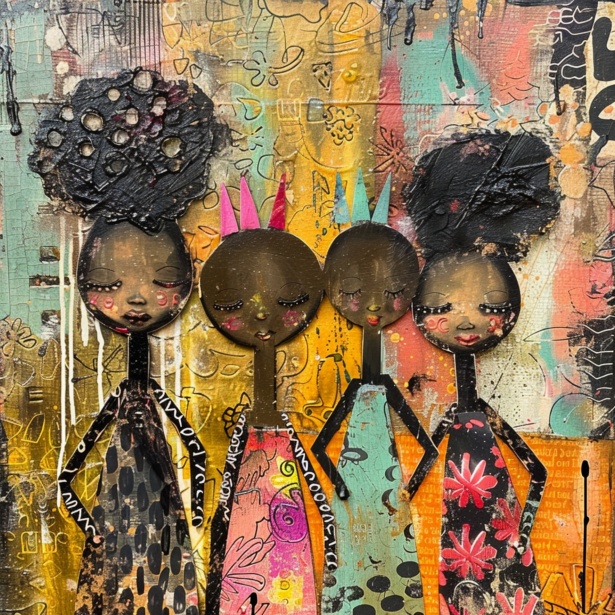 Abstract mixed media art featuring four stylized African American women with closed eyes and vibrant, patterned dresses, set against a textured, colorful background.