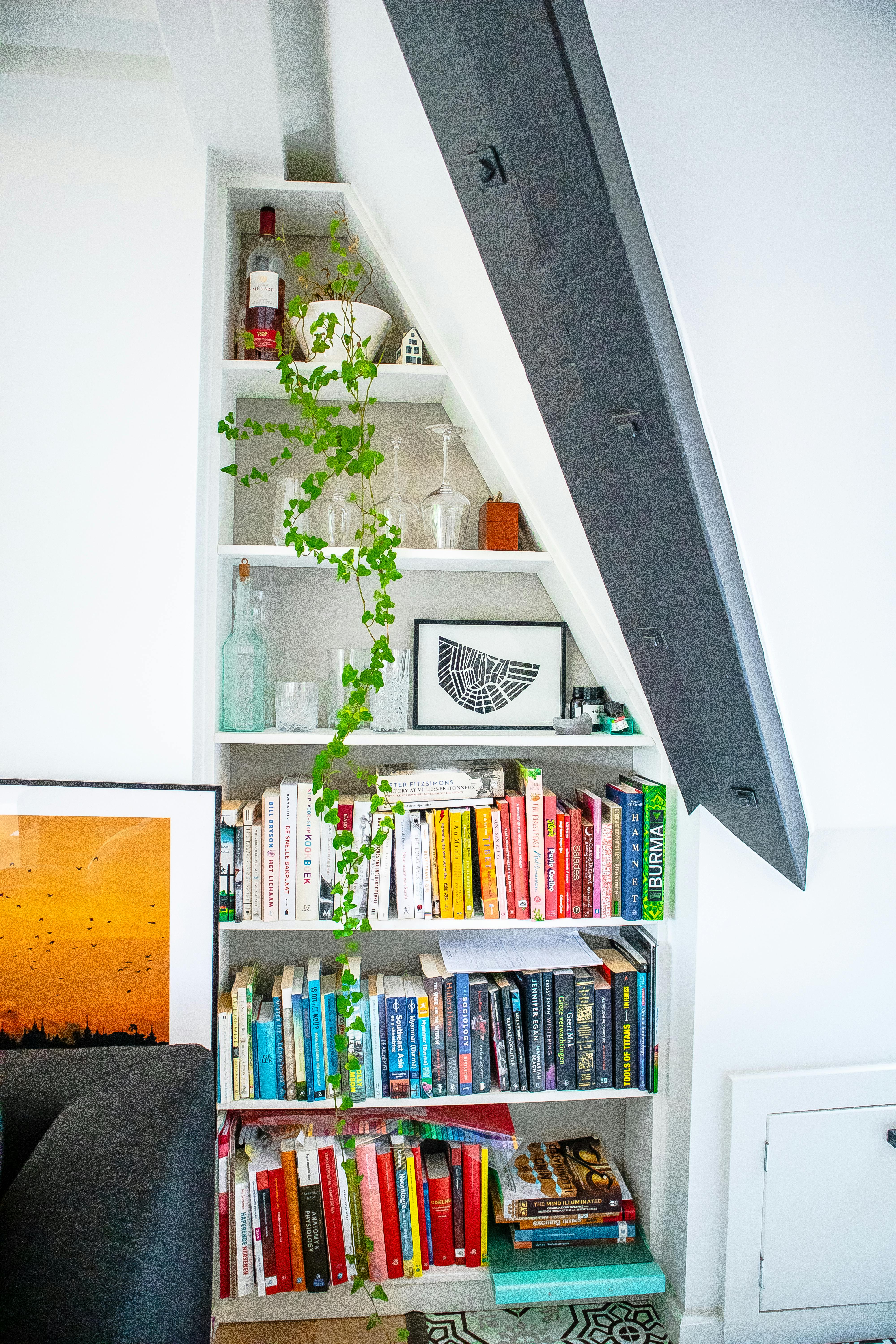 Shelves with books and decorative items, showcasing art display ideas on bookshelves.