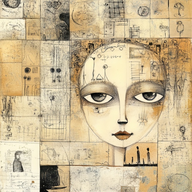 Abstracte mixed media montage kunst met een centraal gezicht met surrealistische elementen, ideaal voor digitale projecten en creatieve inspiratie. Public domain stock foto.