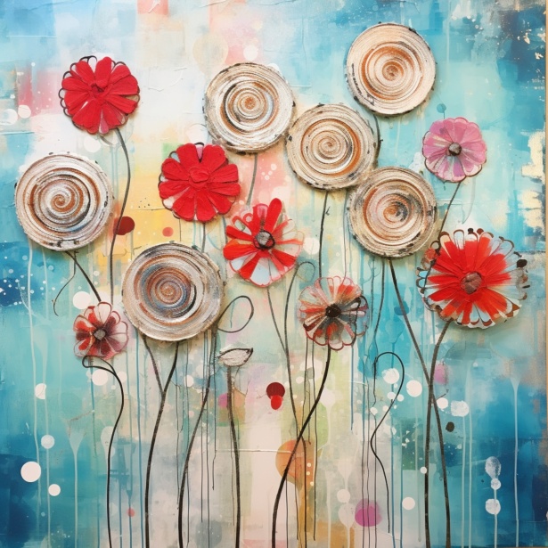 Abstracte mixed media bloemenkunst met levendige rode en roze bloemen op geroeste metaal- en papiertexturen tegen een kleurrijke achtergrond
