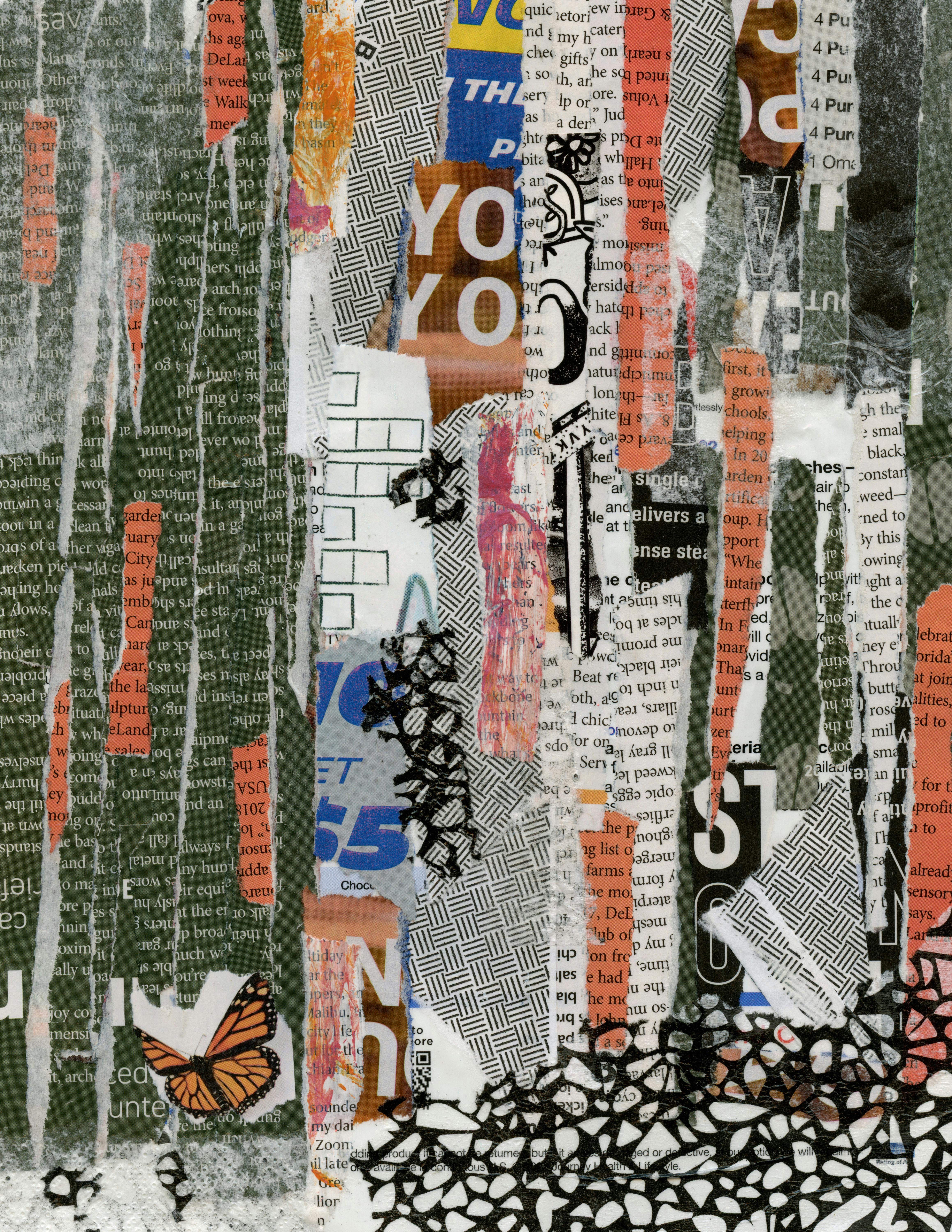 Abstracte papierstroken collage met zwarte kat illustratie, houten kist textuur en gefragmenteerde tekst kunst - gratis stock foto voor creatieve projecten.