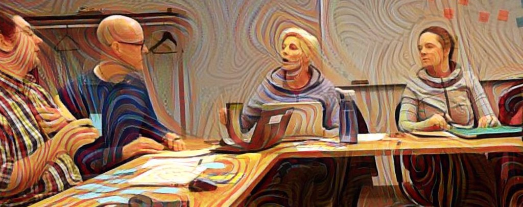People in a meeting discussing abstract art with swirling patterns in the background.