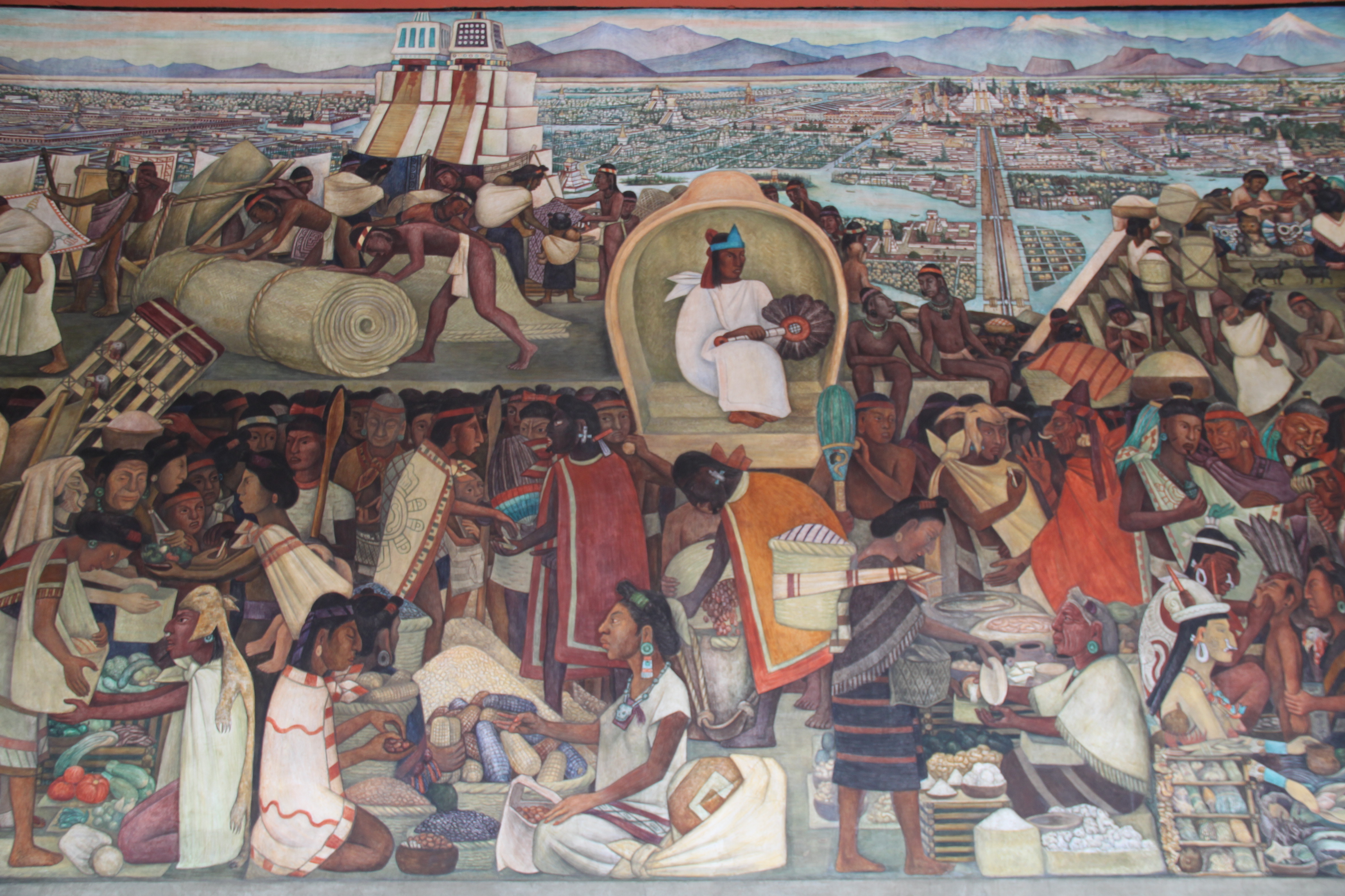 Diego Rivera mural depicting the Great Market of Tenochtitlan, showcasing Aztec life, commerce, and indigenous culture.