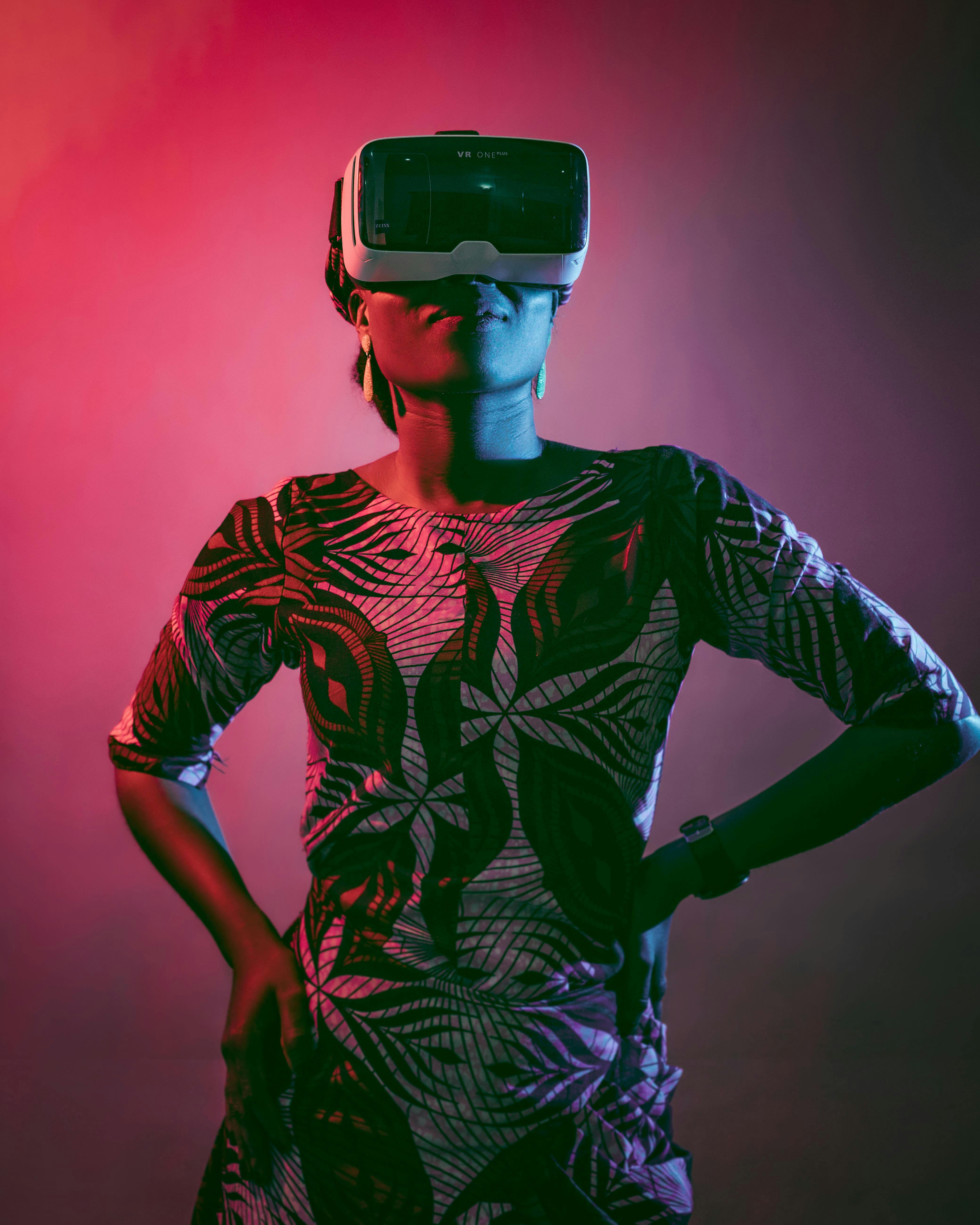 woman in virtual reality goggles exploring a digital art installation, futuristic technology art exhibition