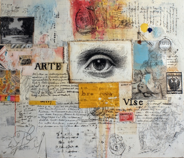 A mixed-media collage showcasing an emerging abstract art movement with symbolic eye illustration, cultural symbolism, and handwritten text experimentation.
