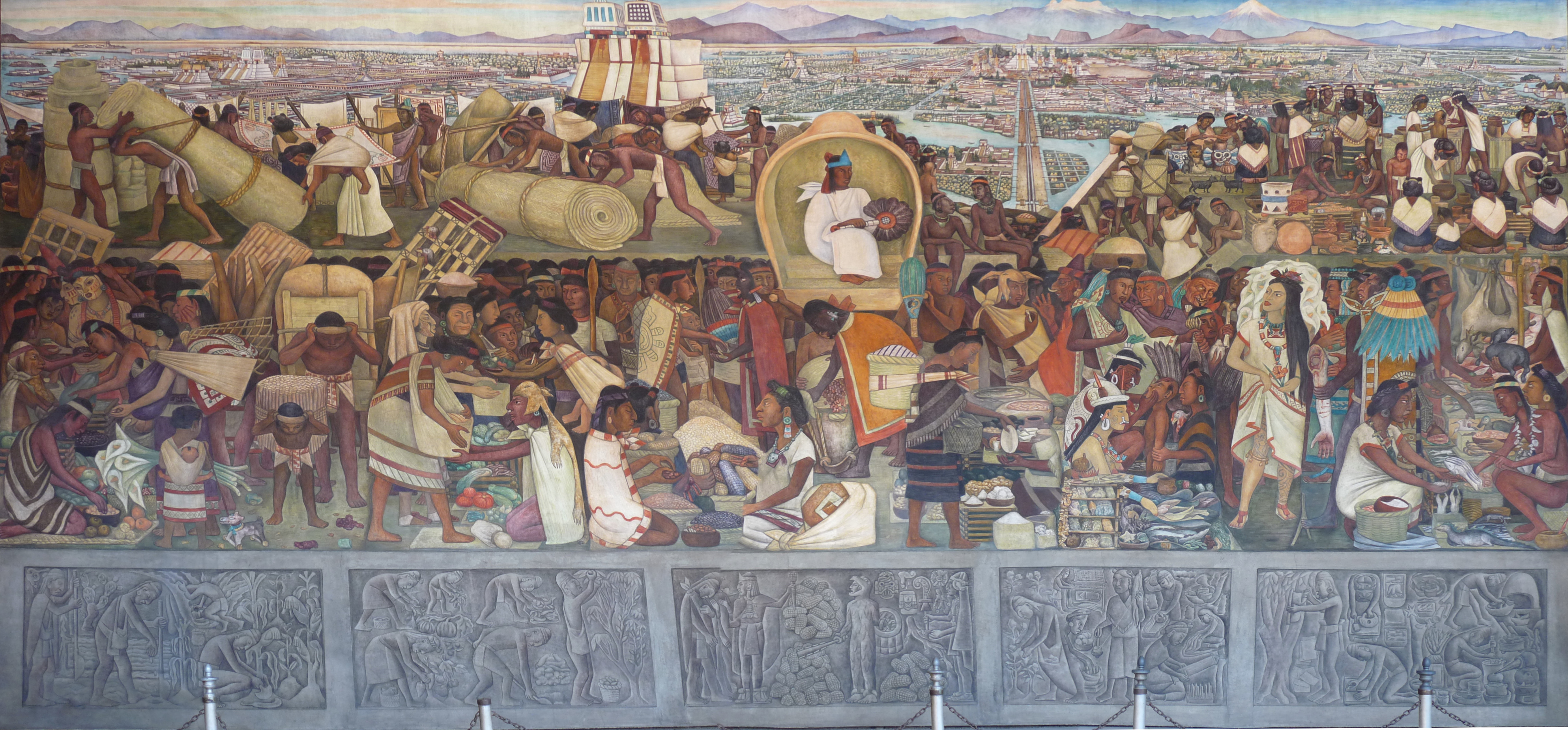 Diego Rivera's mural depicting the vibrant life and commerce of the Aztec capital, Tenochtitlan, with indigenous people engaged in various activities against a backdrop of pyramids and mountains.