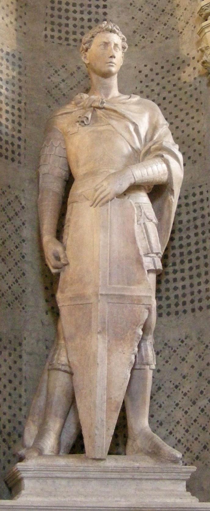 Donatello's statue of Saint George, a marble sculpture depicting the saint in armor holding a shield.