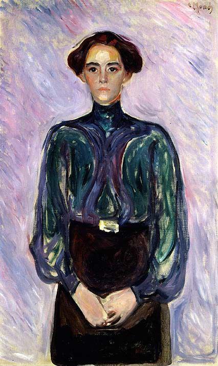 Portrait of Mrs. Schwarz by Edvard Munch, a painting of a woman in a dark blue dress with her hands clasped.