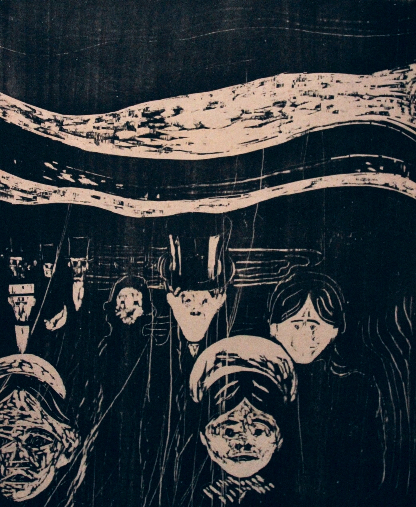 Edvard Munch's woodcut 'Angst' depicting a distorted, anxious crowd under a swirling sky.
