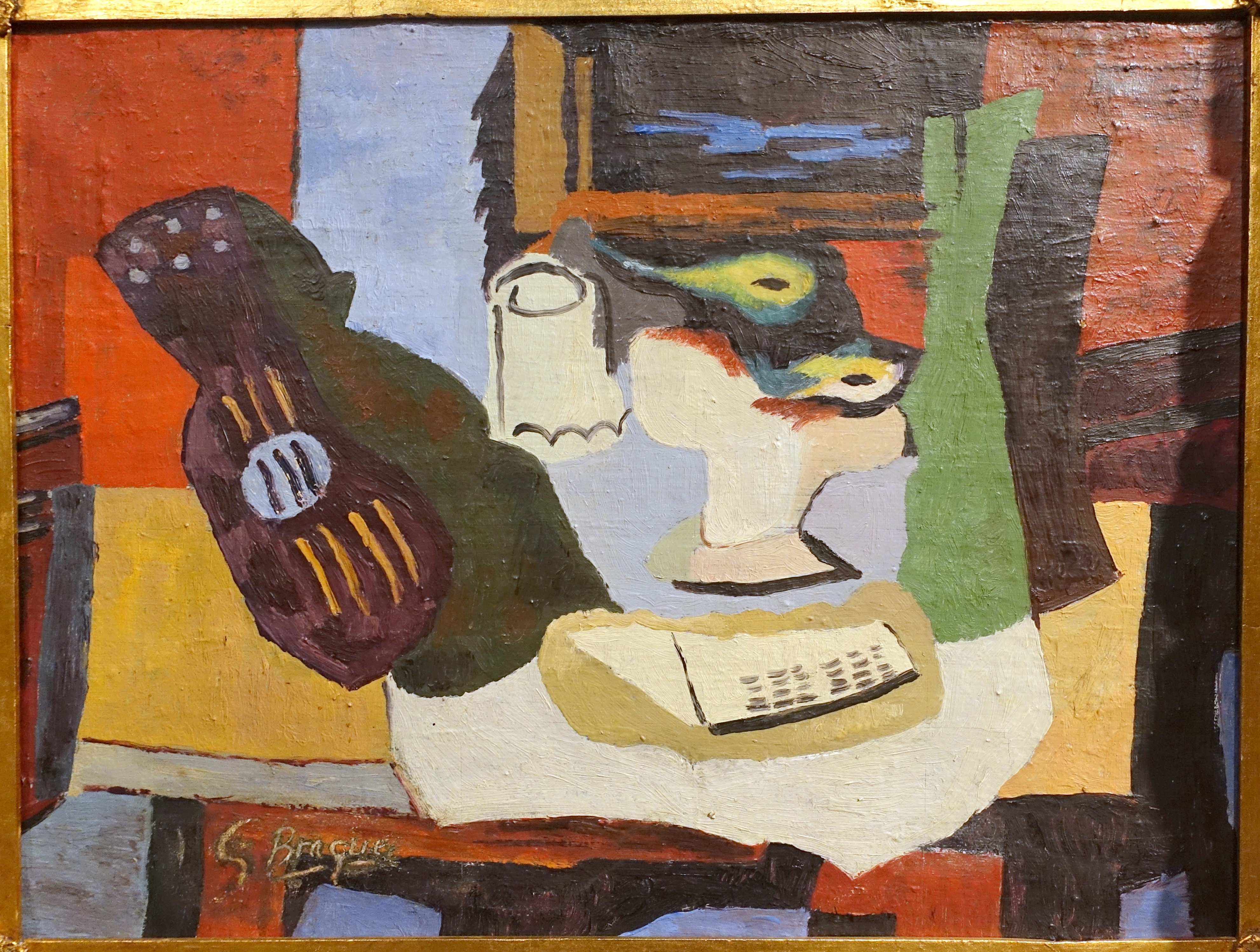 Georges Braque still life painting from 1926 featuring a guitar, sheet music, and a vase.