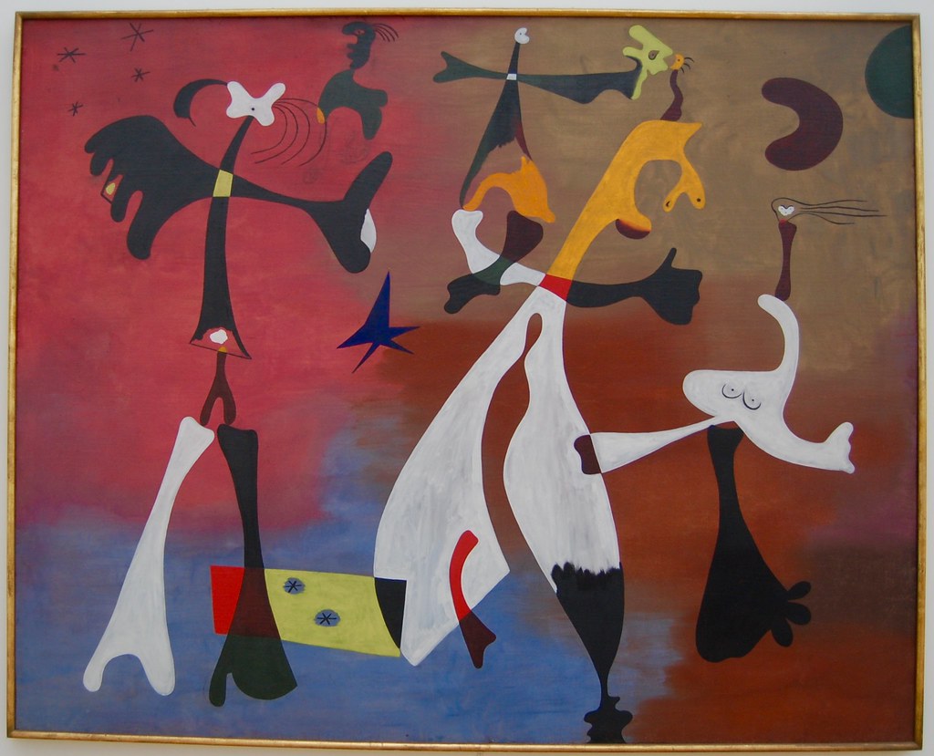 Joan Miró's 'Figures in a Landscape' painting, featuring abstract figures against a vibrant, multi-colored background.