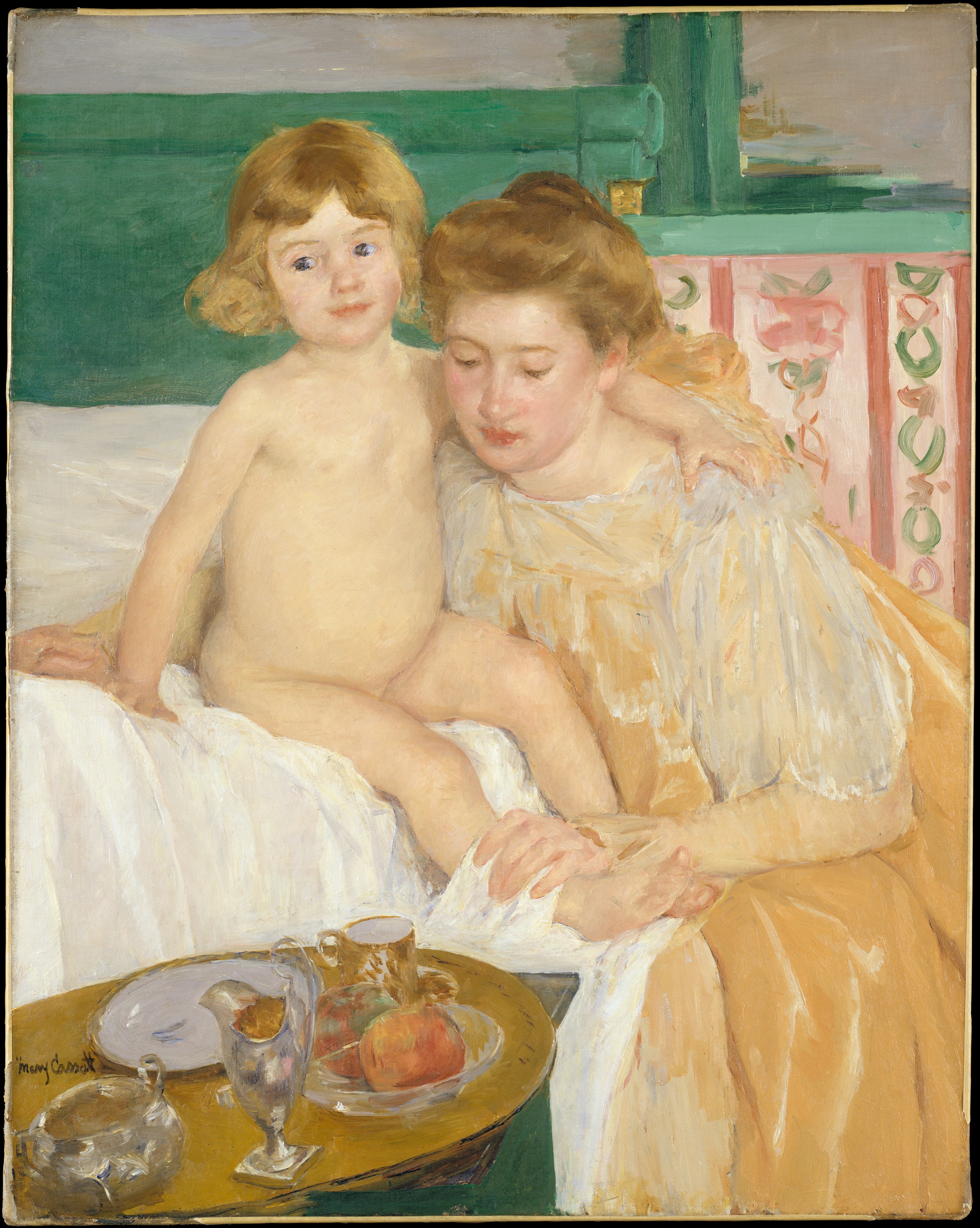 Mary Cassatt's painting 'Mother and Child (Baby Getting Up from His Nap)' depicts a mother in a yellow dress tenderly holding her naked baby who is sitting up in bed.