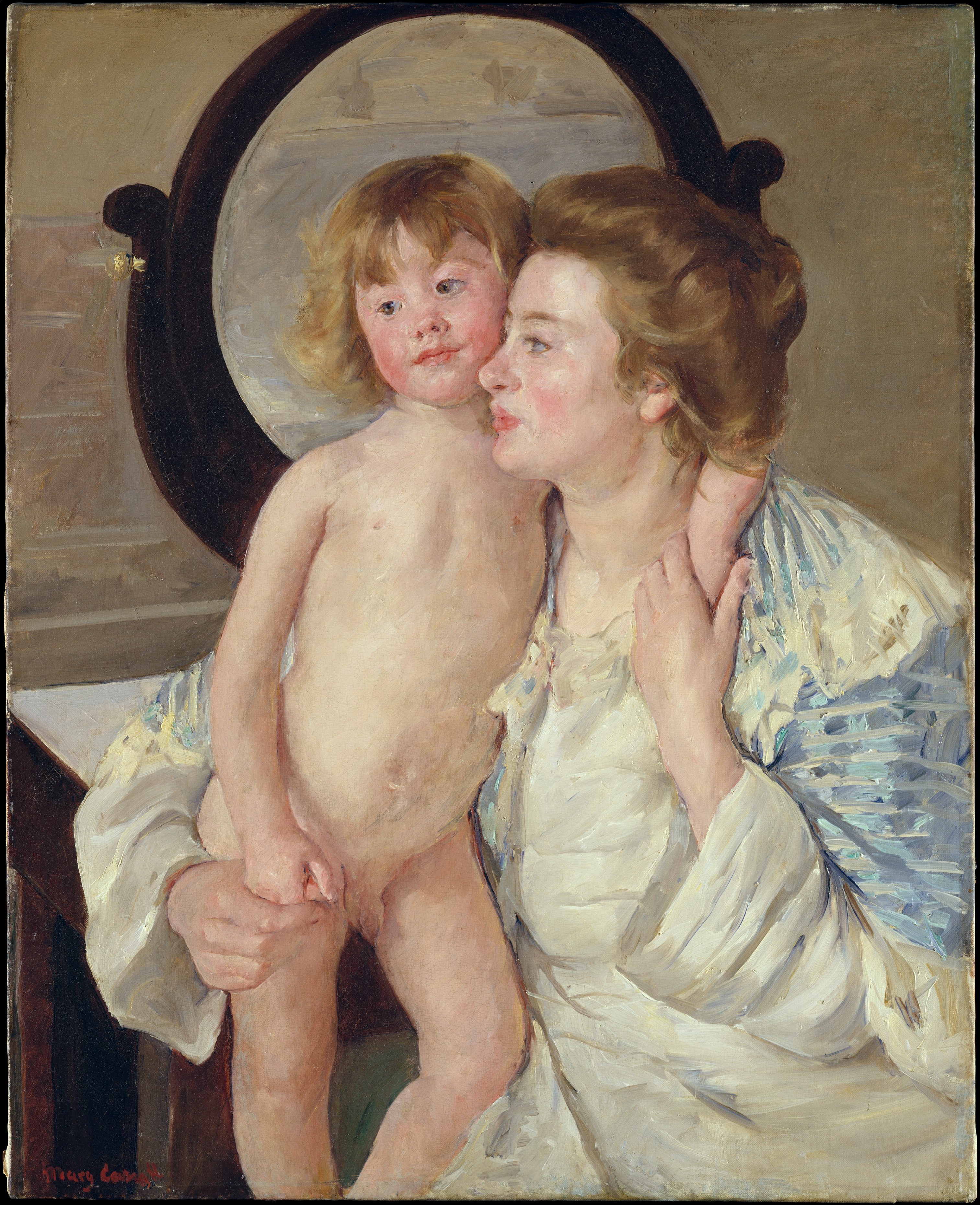 Mary Cassatt's painting 'Mother and Child (The Oval Mirror)' depicting a mother holding her nude child in front of an oval mirror.