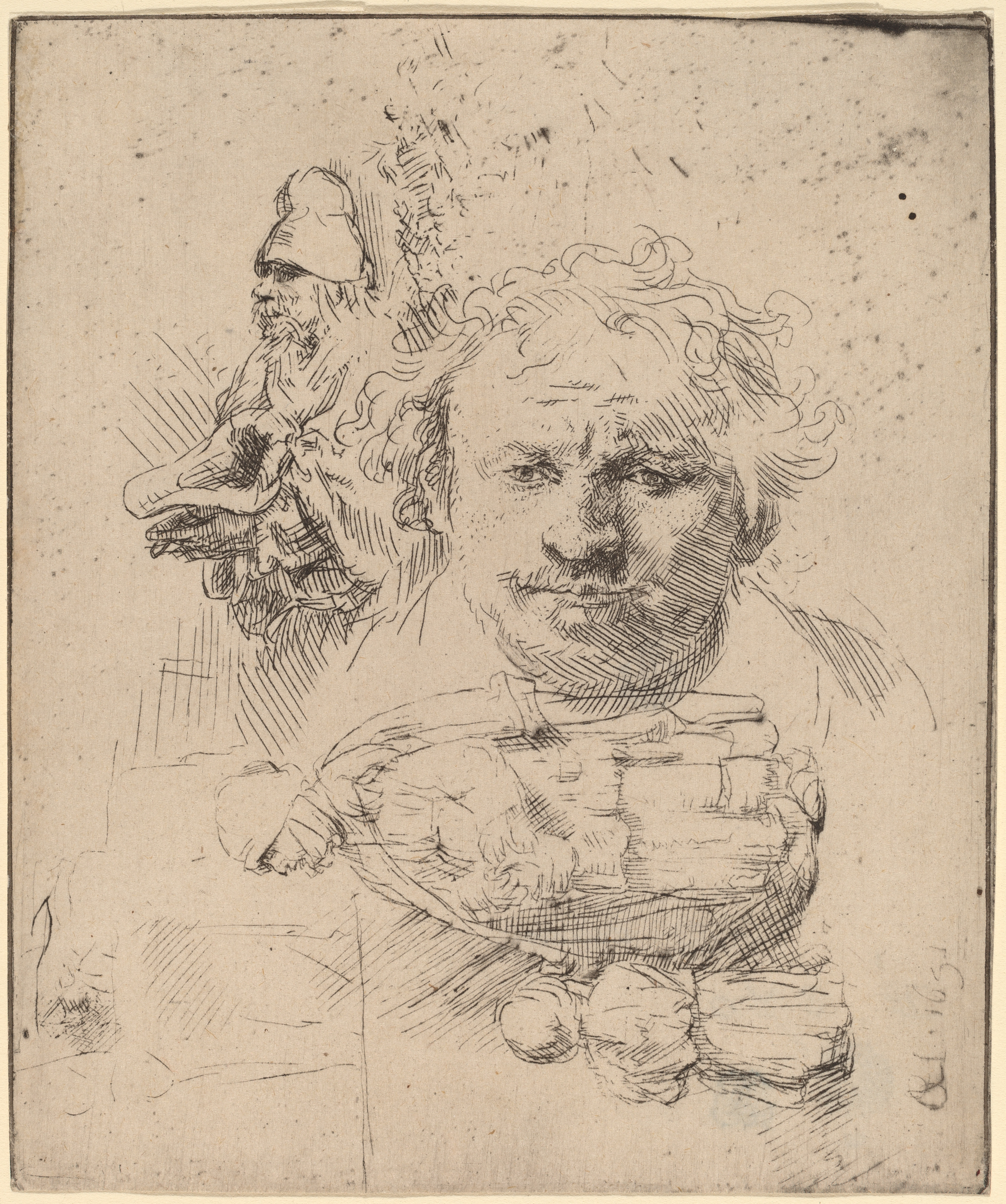 Rembrandt van Rijn, Sheet of Studies with the Head of the Artist, a Bearded Man in a Helmet, and a Bowl of Fruit, etching, c. 1631.