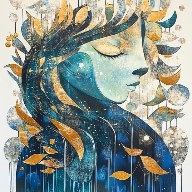 Mystic woman in abstract art style, with flowing blue and gold elements, evoking surrealism and mysticism.