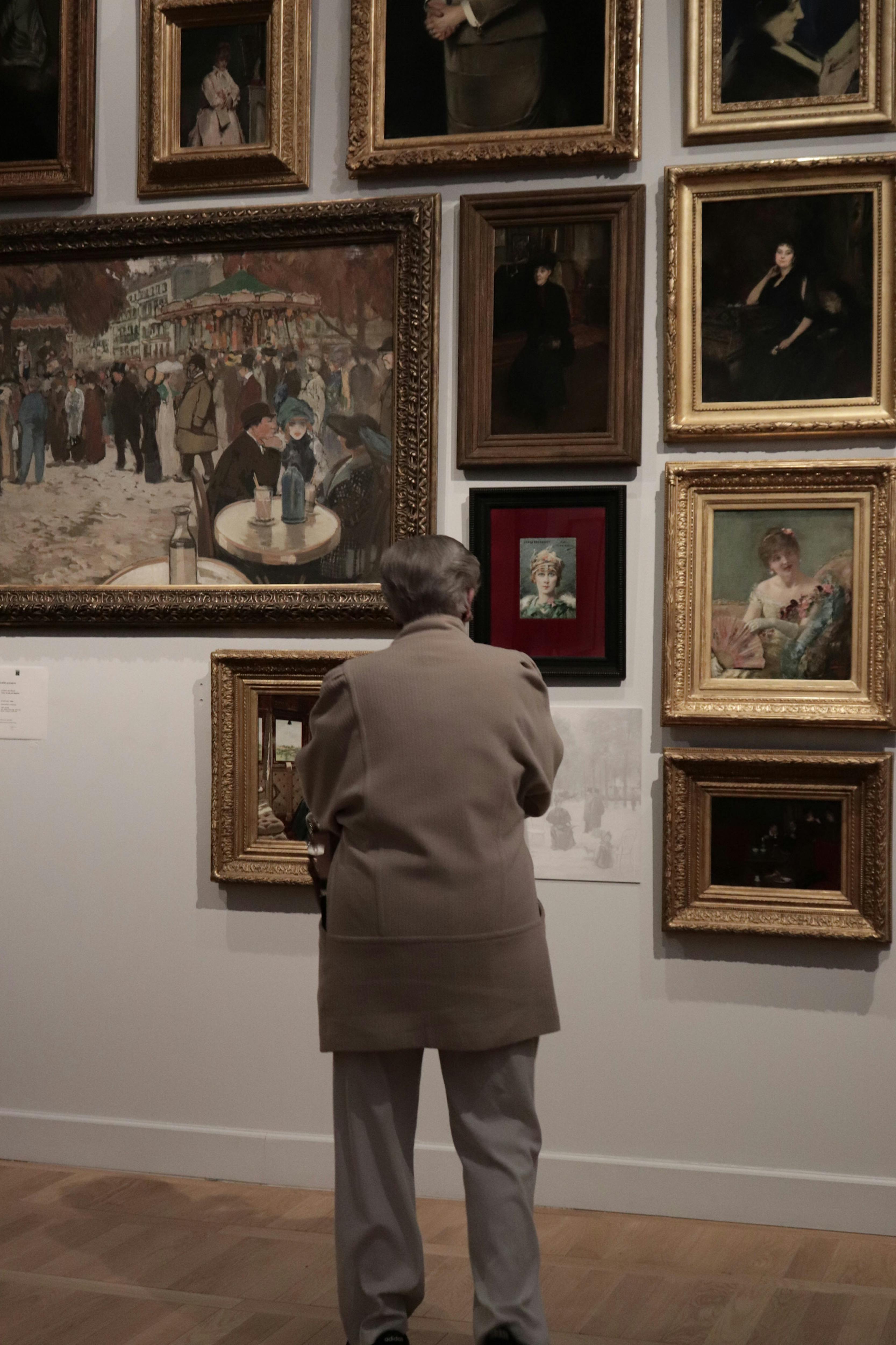 Back view of a visitor observing art within an art institution setting with framed galleries together depicting public art engagement with cultural heritage