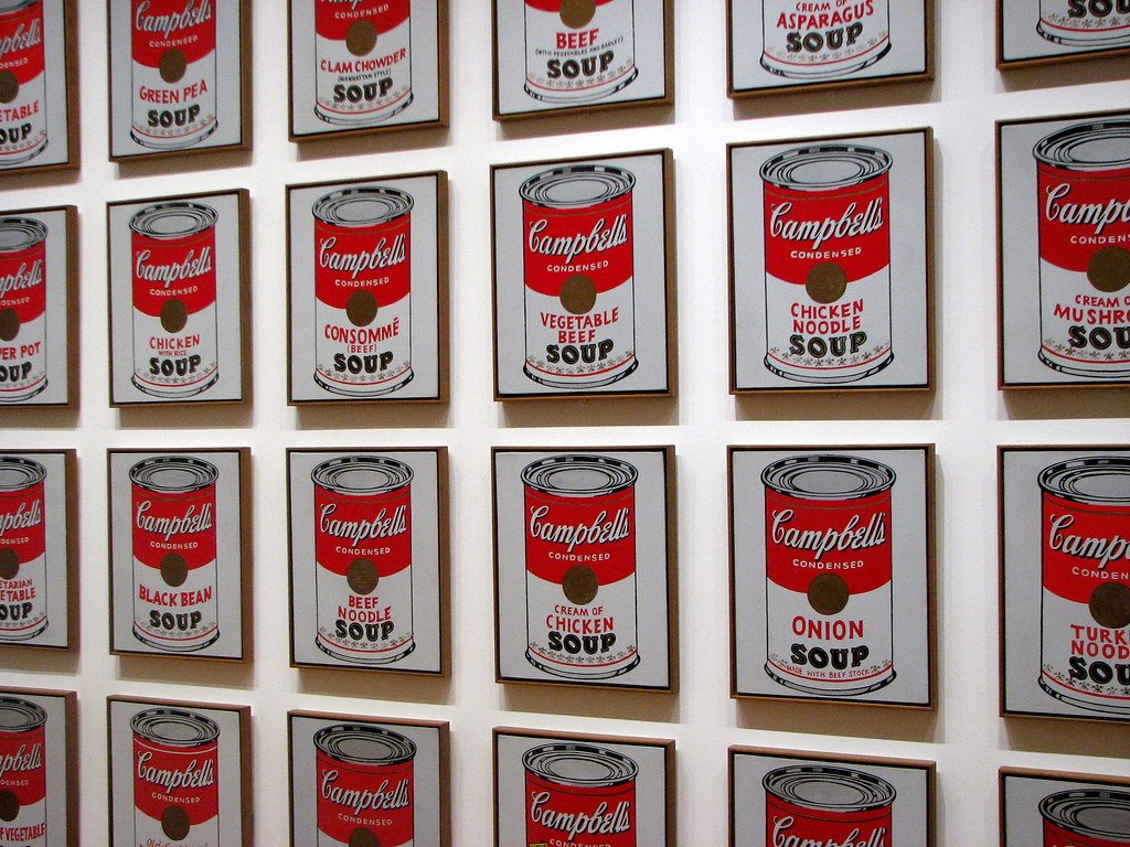 Andy Warhol's Campbell's Soup Cans artwork featuring multiple varieties of soup cans.