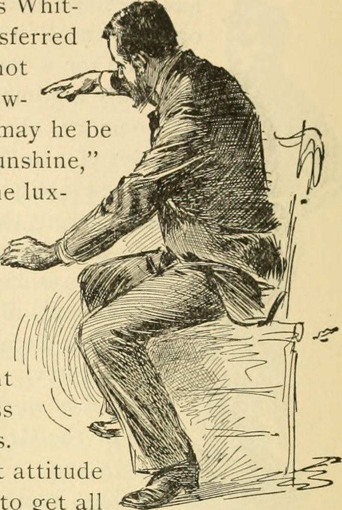 Drawing of a man seated, demonstrating foreshortening with his outstretched arm and leg.