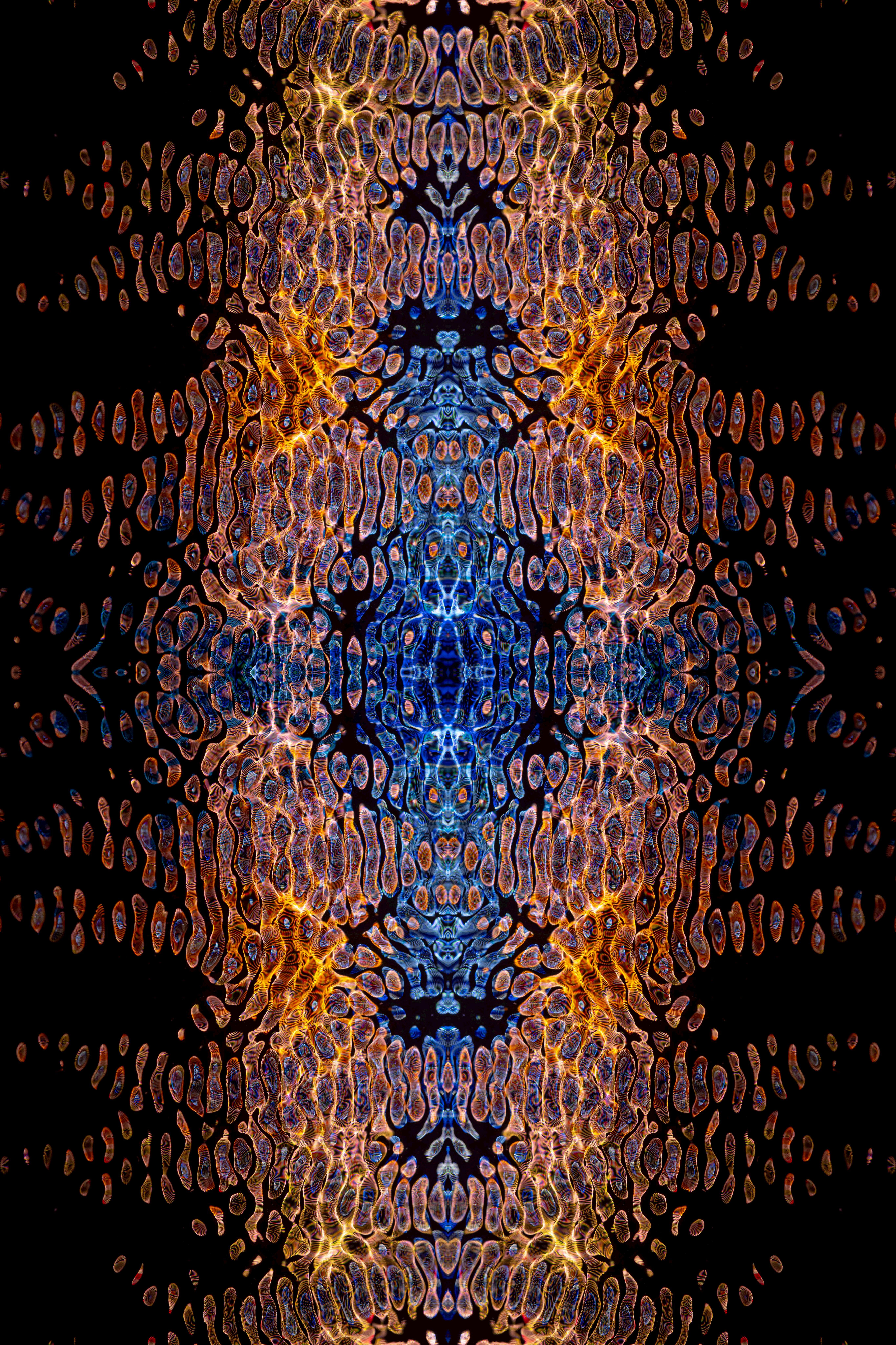 Abstract artistic background with intricate blue and orange patterns, creating a sense of balance and depth.