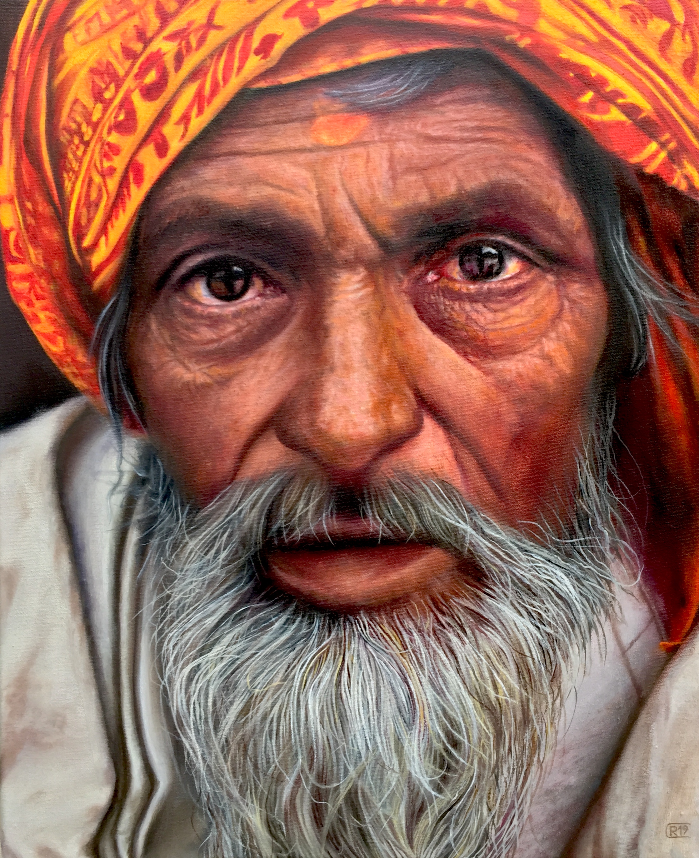 Hyperrealistic oil painting of an elderly man with a red and yellow turban, white beard, and weathered face by René Cheng, 2019.