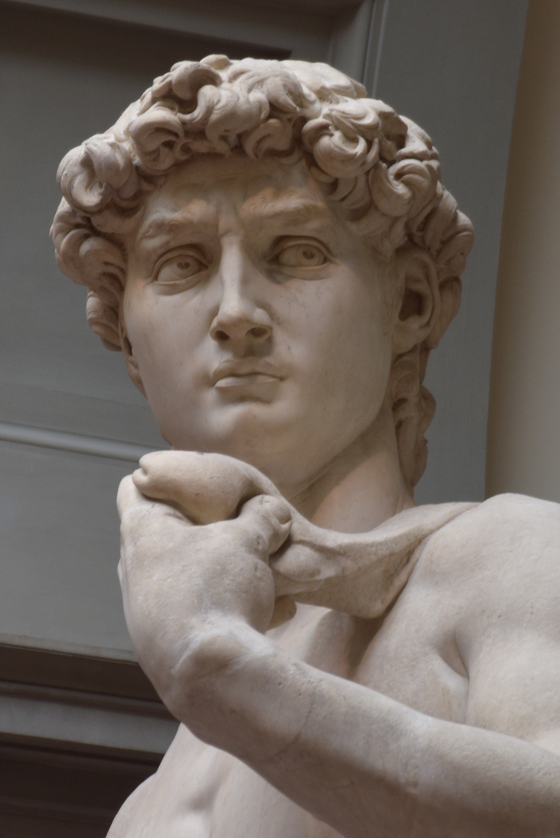 Close-up of Michelangelo's David sculpture, focusing on the head and upper torso.