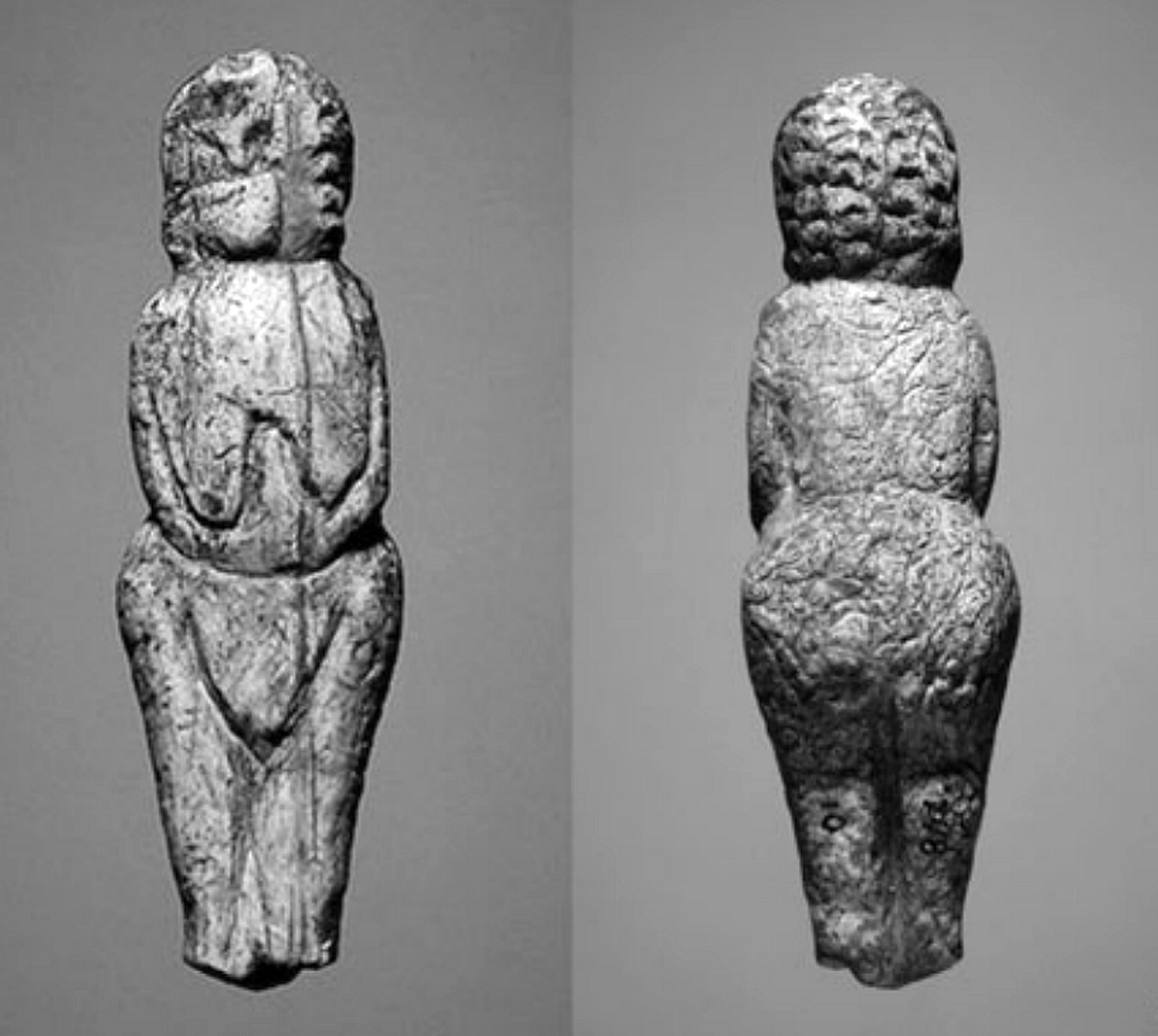 Front and back view of the Venus of Malta, a prehistoric ivory figurine from the Upper Paleolithic era.