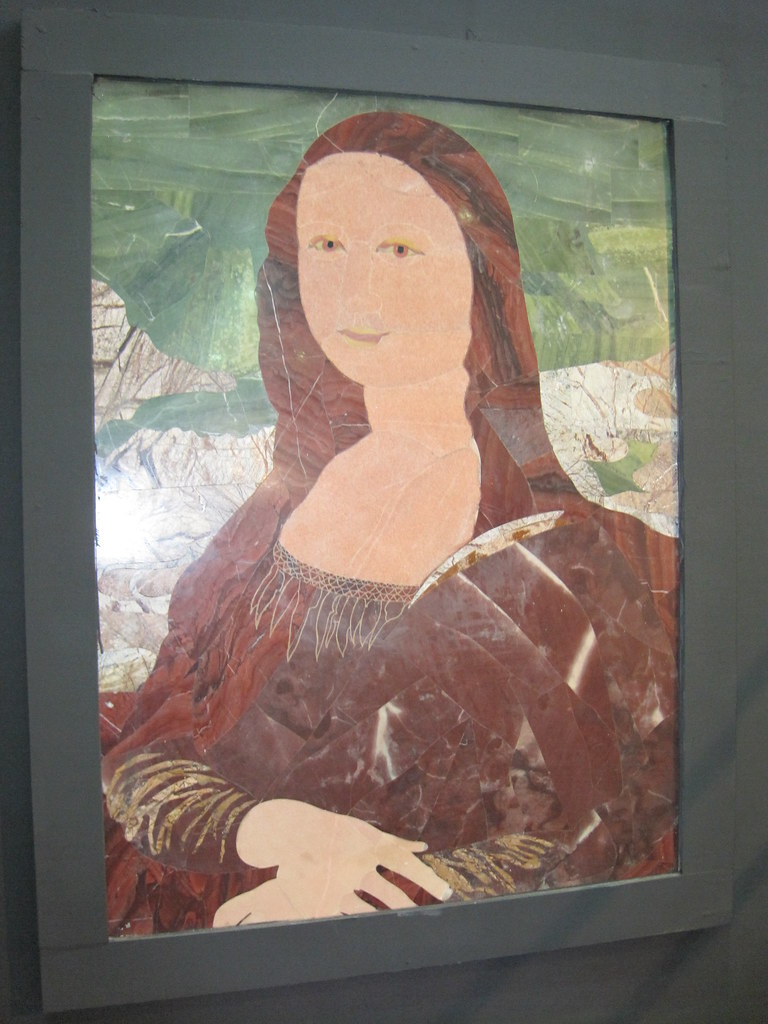 Mona Lisa mosaic artwork made of marble, showcasing sfumato technique.