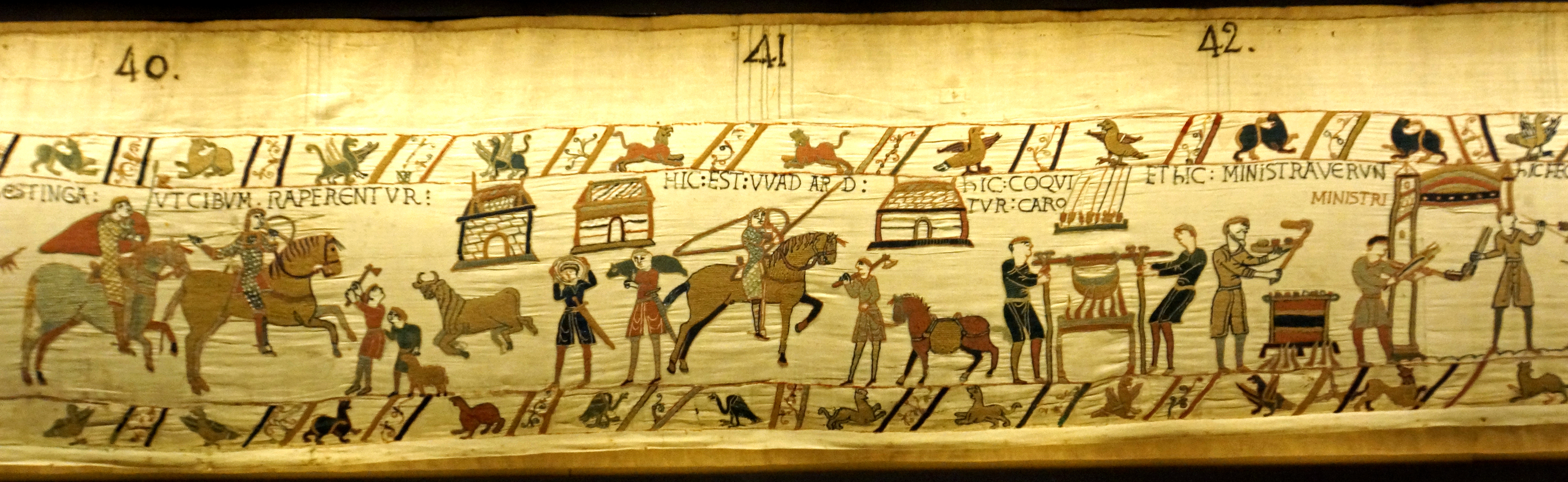 Bayeux Tapestry panels 40, 41, and 42 depicting historical scenes with figures, animals, and buildings.