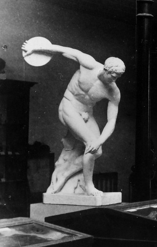 Marble sculpture of the Discobolus (Discus Thrower) in a dynamic pose, preparing to throw a discus.