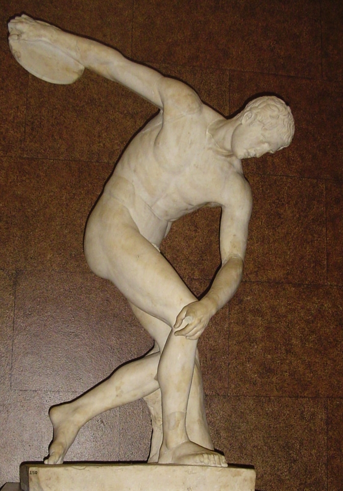 Marble statue of the Discobolus, an ancient Greek sculpture depicting an athlete in the act of throwing a discus.