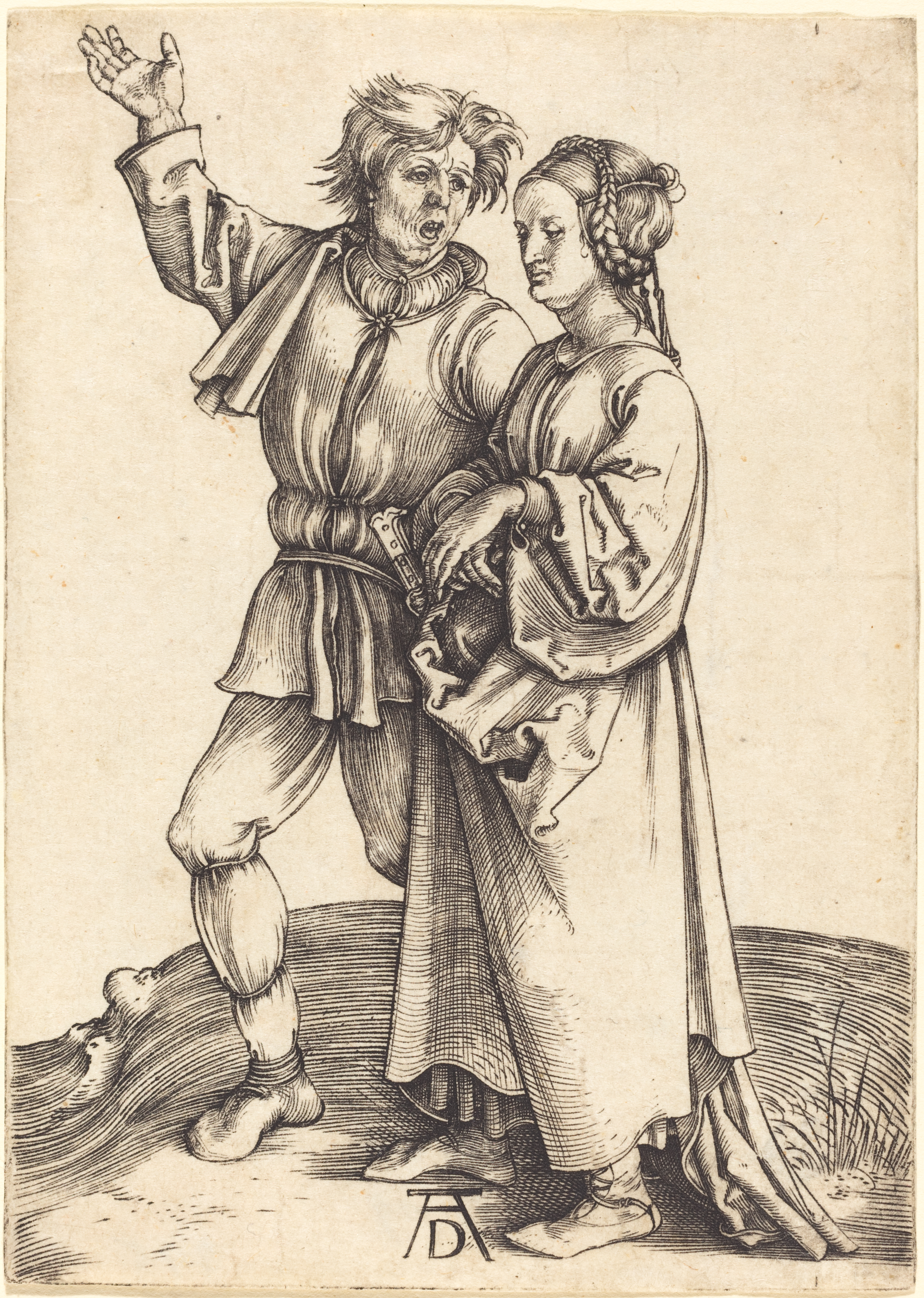 Albrecht Dürer's engraving 'Peasant and His Wife' (c. 1497-1498) depicts a gesturing peasant man and a woman, showcasing Northern Renaissance genre art.