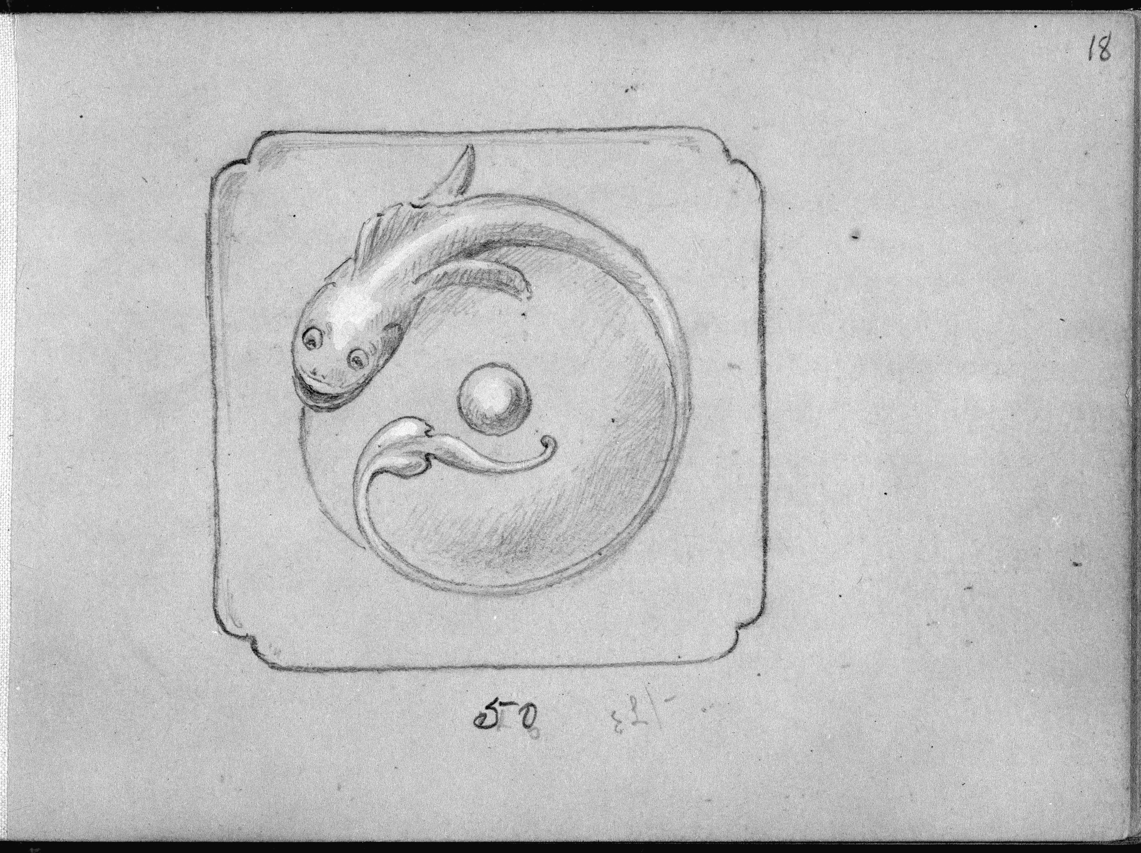 Art Nouveau design featuring a stylized fish curled around a pearl, set within a decorative frame.